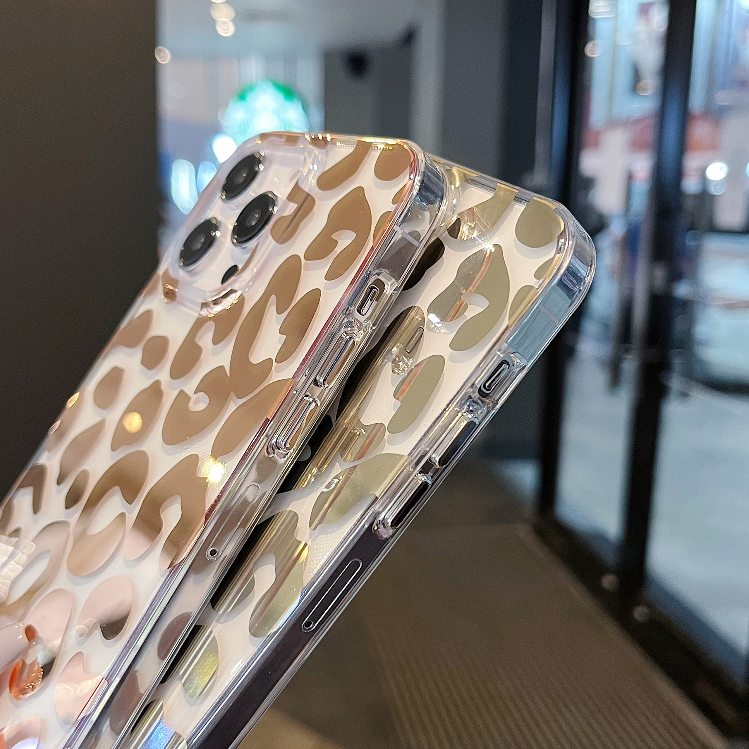 Jmltech iPhone 13 Pro Max Case 6.7 Inch - Clear Slim Glitter Leopard Floral Hybrid Design with Shockproof Drop Protection | Hard Back & Silicone Bumper | Perfect for Everyday Use, Travel & Outdoor Activities (Clear Gold)