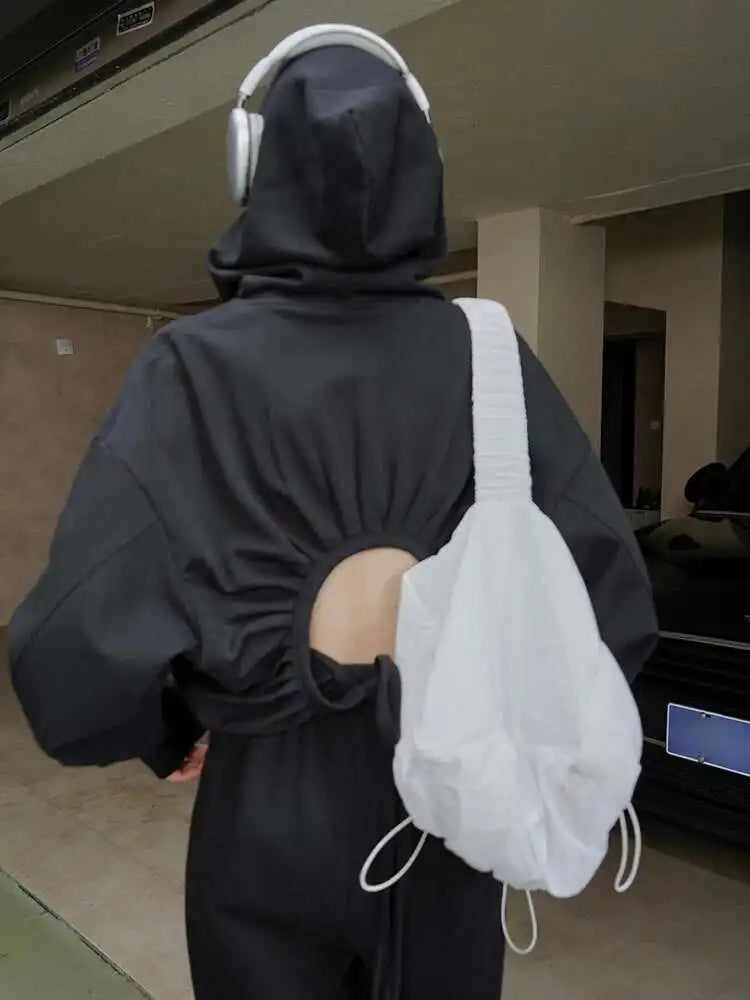 Women's Backless Drawstring White Casual Hooded Sweatshirt - Long Sleeve Oversized Fashion Pullover for Spring & Autumn 2025 | Trendy Streetwear, Lounge Wear, and Layering Essential
