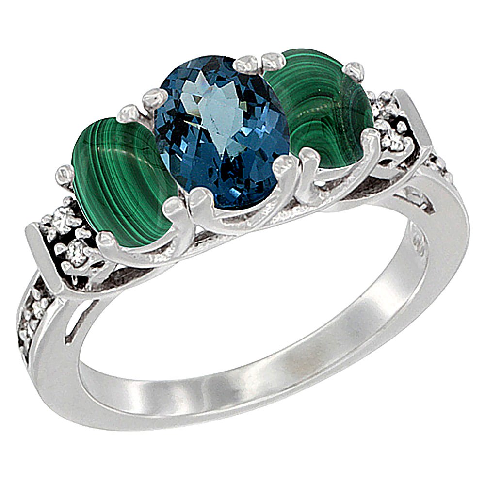 10K White Gold Natural London Blue Topaz & Malachite Ring with 3-Stone Oval Diamond Accent - Sizes 5-10 | Elegant Jewelry for Weddings, Anniversaries & Special Occasions