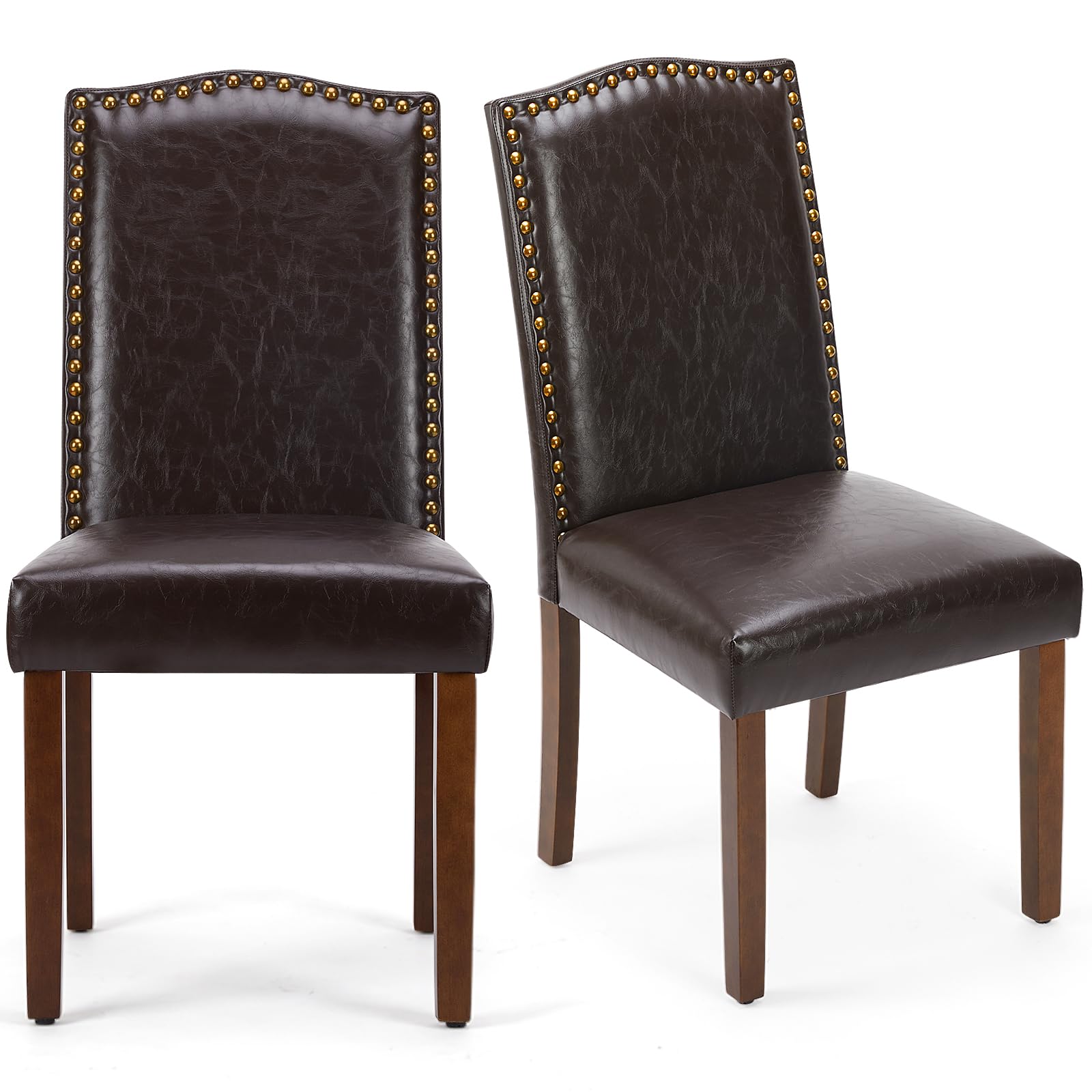 DUMOS Set of 2 Modern Upholstered Leather Dining Chairs with Nailhead Trim & Wood Legs - Mid-Century Accent Chairs for Kitchen, Dining Room, Living Room - Dark Brown Home Decor for Family Gatherings & Dinner Parties