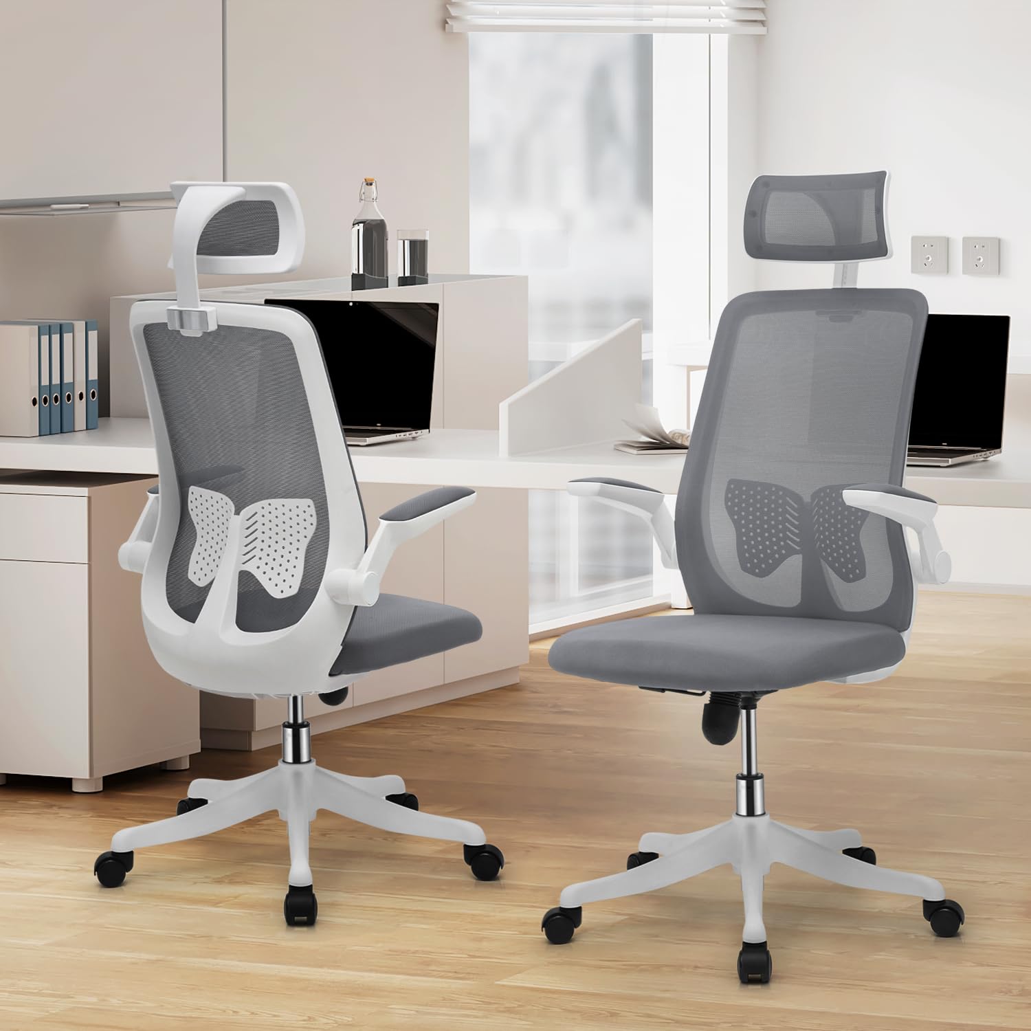 MoNiBloom Ergonomic Office Chair with Adjustable Lumbar Support, High Back Desk Chair with Headrest & Flip-Up Arms, 95°-125° Reclining Swivel Computer Chair for Home Office, 250 lbs Weight Capacity (2 Pack, Gray) - Perfect for Long Work Hours & Gaming Sessions