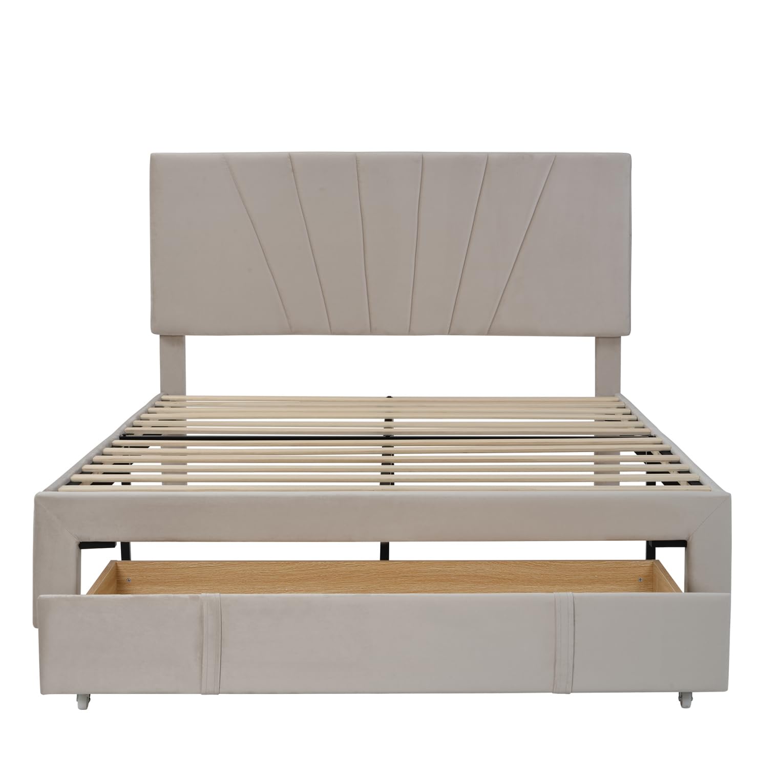 JINS&VICO Queen Size Velvet Upholstered Platform Bed Frame with Storage Drawer - No Box Spring Needed, Beige | Modern Bedroom Furniture for Adults, Teens, Boys & Girls | Perfect for Small Spaces & Master Bedrooms