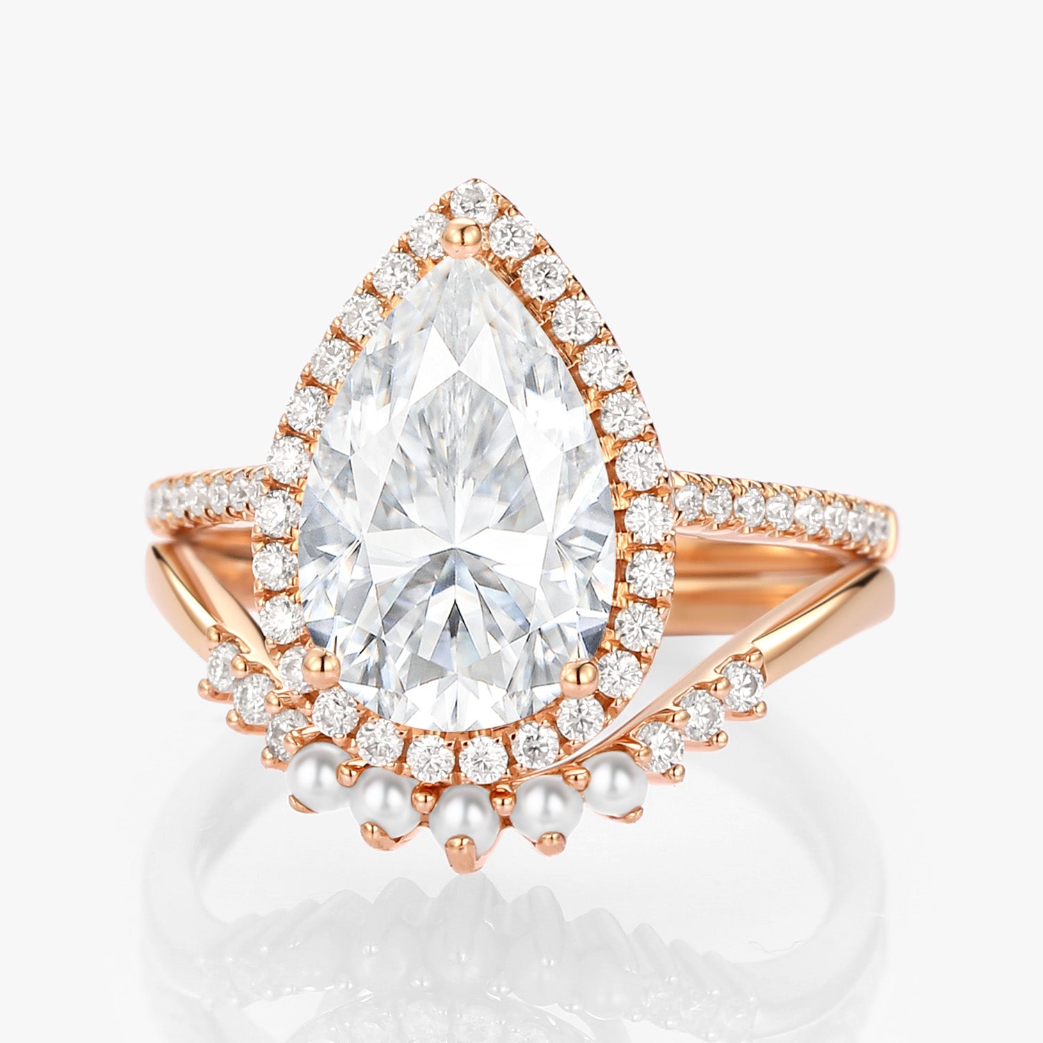 4.0ct Pear Cut Moissanite & Pearl Halo Engagement Ring Set (2 Pieces) - Vintage Bridal Jewelry for Wedding, Anniversary & Special Occasions