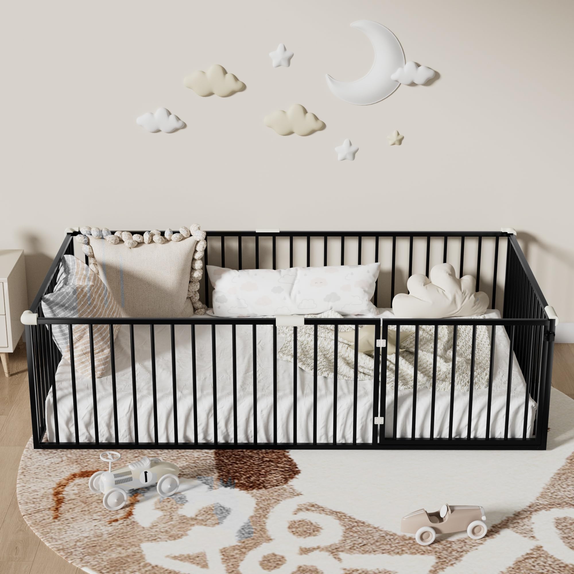 Montessori Twin Floor Bed for Kids - Sturdy Metal Bed Frame with Safety Guardrails & Door, Anti-Collision Cotton Padding for Boys and Girls - No Box Spring Needed - Black - Perfect for Toddler Rooms, Daycare Centers & Montessori Classrooms