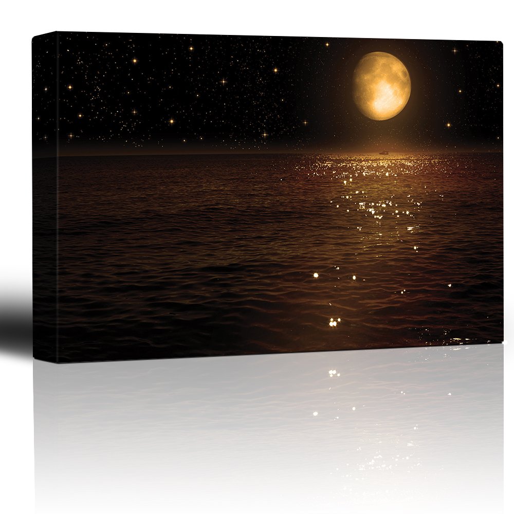 Wall26 - Gold Moon and Bright Stars Illuminating Ocean at Night Canvas Wall Art - 32x48 Inches - Modern Home Decor for Living Room, Bedroom & Office
