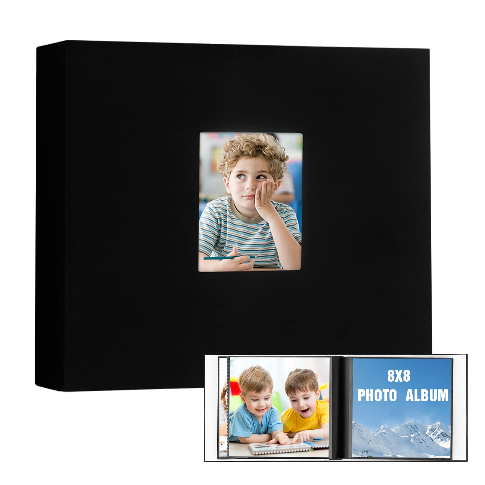 8x8 Photo Album with Fabric Linen Cover - Holds 68 Photos, Black Inner Pages & Front Display Window - Perfect for Wedding, Family & Baby Pictures, Artwork Preservation | Ideal for Home Decor, Gift Giving & Memory Keeping