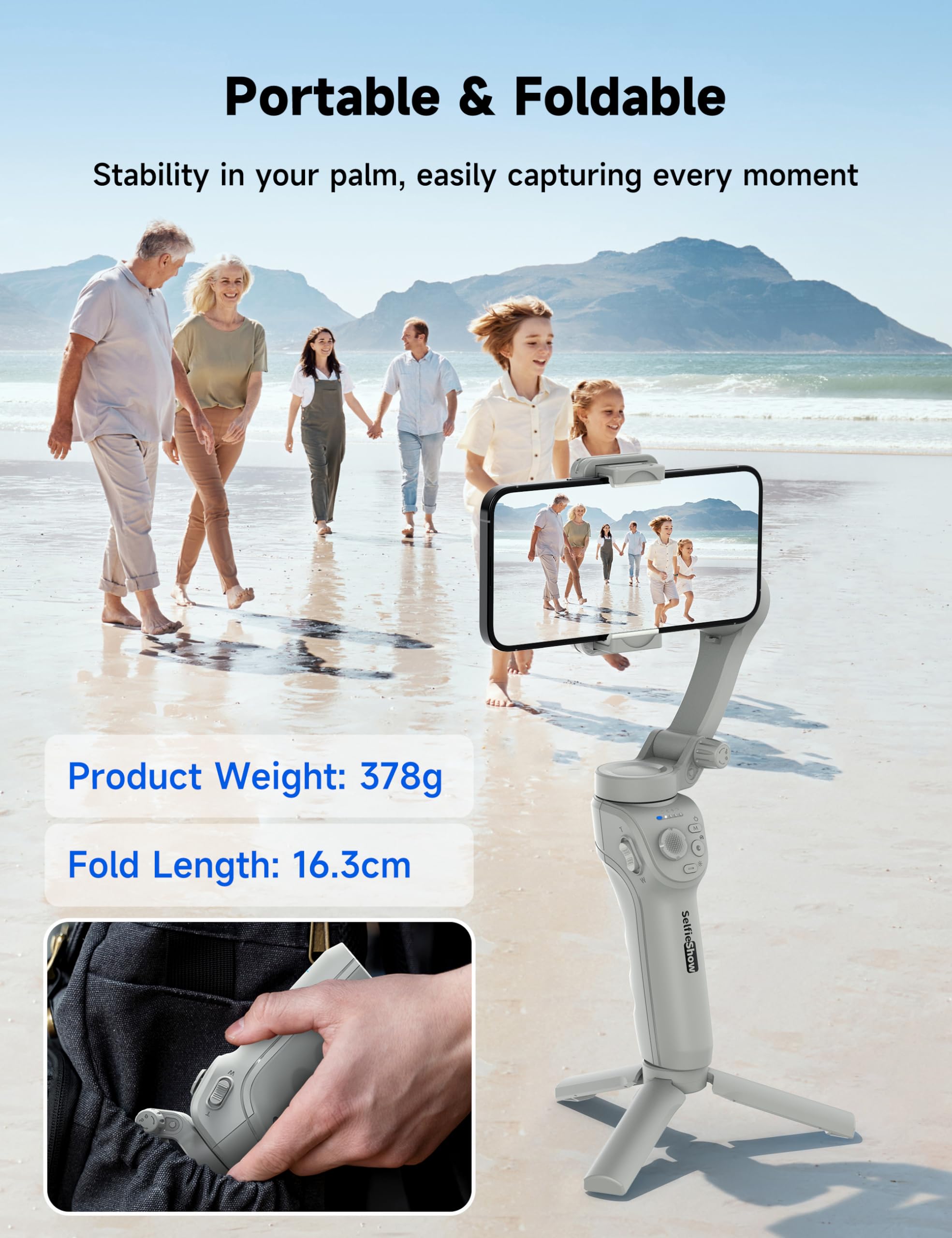 3-Axis Smartphone Gimbal Stabilizer with Face/Object Tracking - Portable Foldable Vlogging Stabilizer for iPhone 15/14/13/12 & Android - Perfect for YouTube, TikTok, Live Streaming & Travel Videos