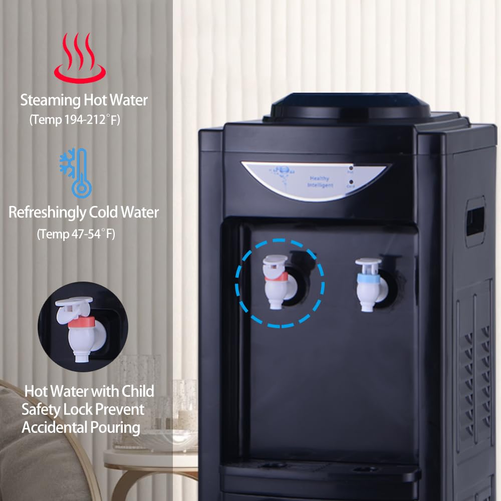 Top Loading Hot and Cold Water Dispenser - 5 Gallon & 3 Gallon Bottle Water Cooler with Child Safety Lock | Energy Efficient Home & Office Water Machine | Perfect for Kitchen, Living Room, or Workplace | Black