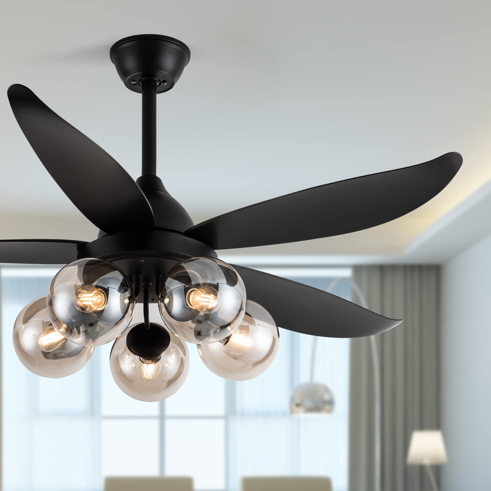 TCL 48 Inch Modern Black Ceiling Fan with Light and Remote Control - 5 Blade Outdoor Ceiling Fan for Bedroom, Living Room, Kitchen, Patio - Includes 5 Glass Lampshades for LED Edison Bulbs (Bulbs Not Included) - Perfect for Indoor and Outdoor Cooling and Lighting