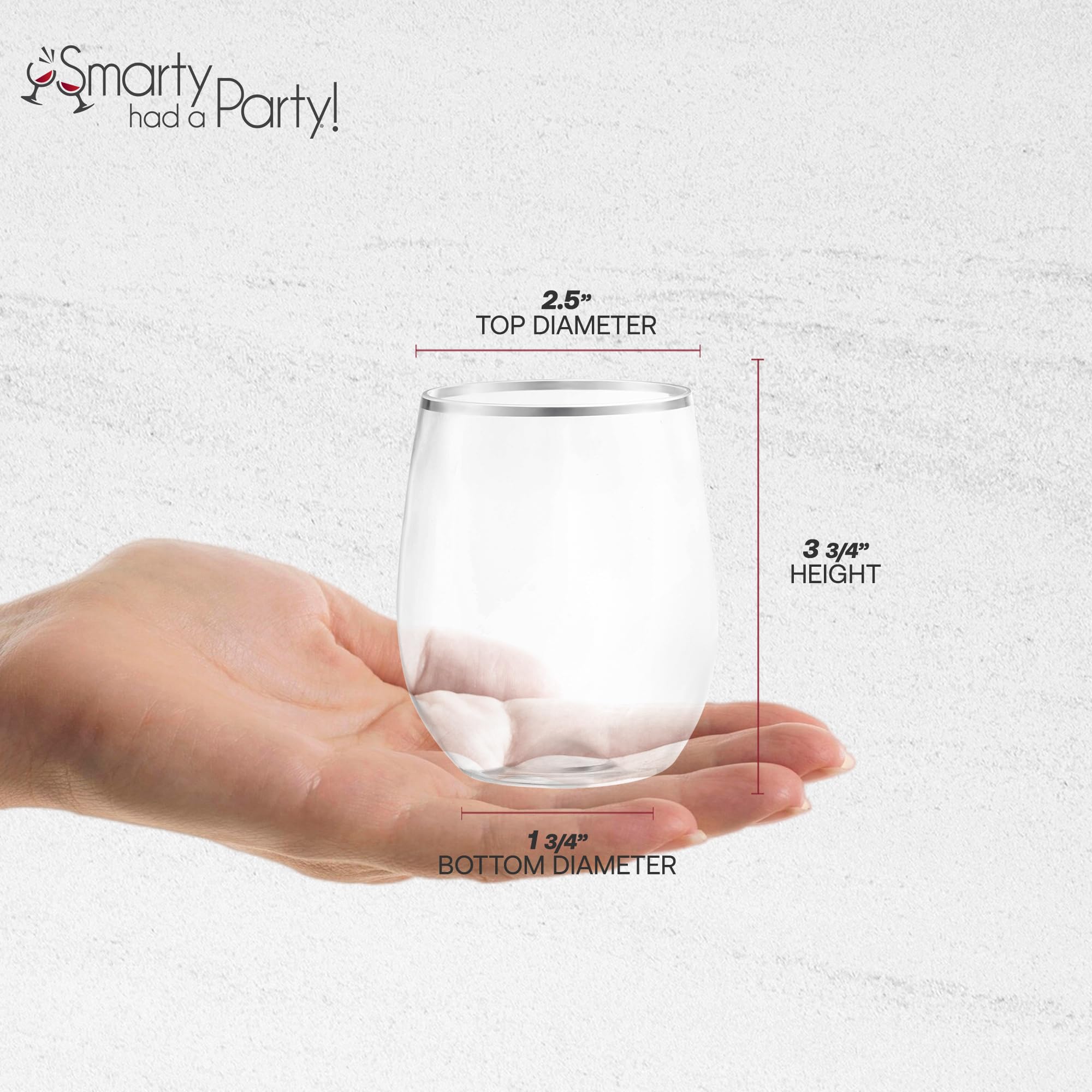 64 Pack Clear Stemless Plastic Wine Glasses 12oz with Silver Rim - Unbreakable Disposable Drinkware for Weddings, Parties, Events - Perfect for Outdoor Gatherings, Picnics & BBQs