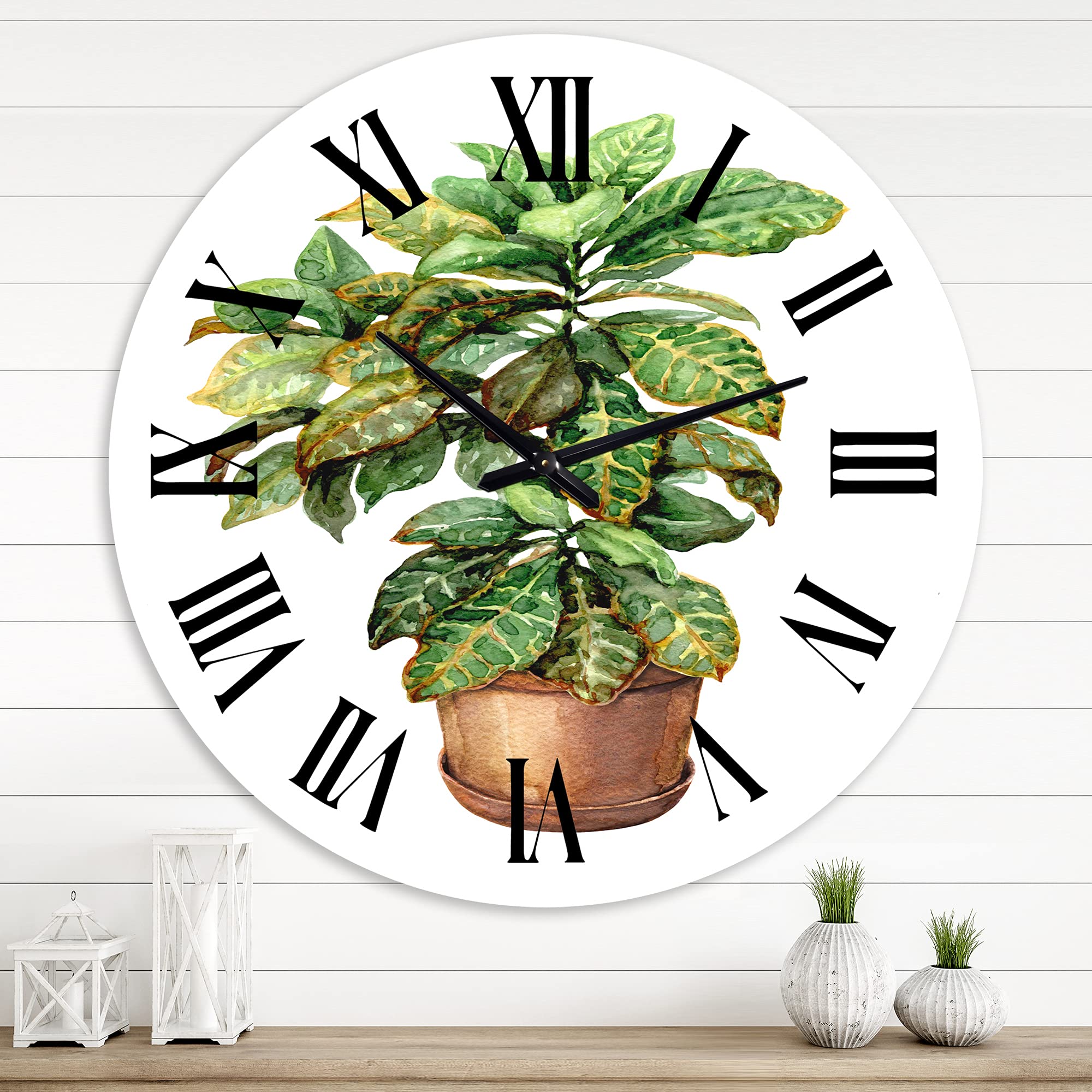 DesignQ Traditional Wall Clock 'Croton in Clay Flowerpot' - Large Floral Botanical Wall Clock for Home, Office & Living Room Decor - Perfect for Farmhouse, Vintage & Boho Style Interiors