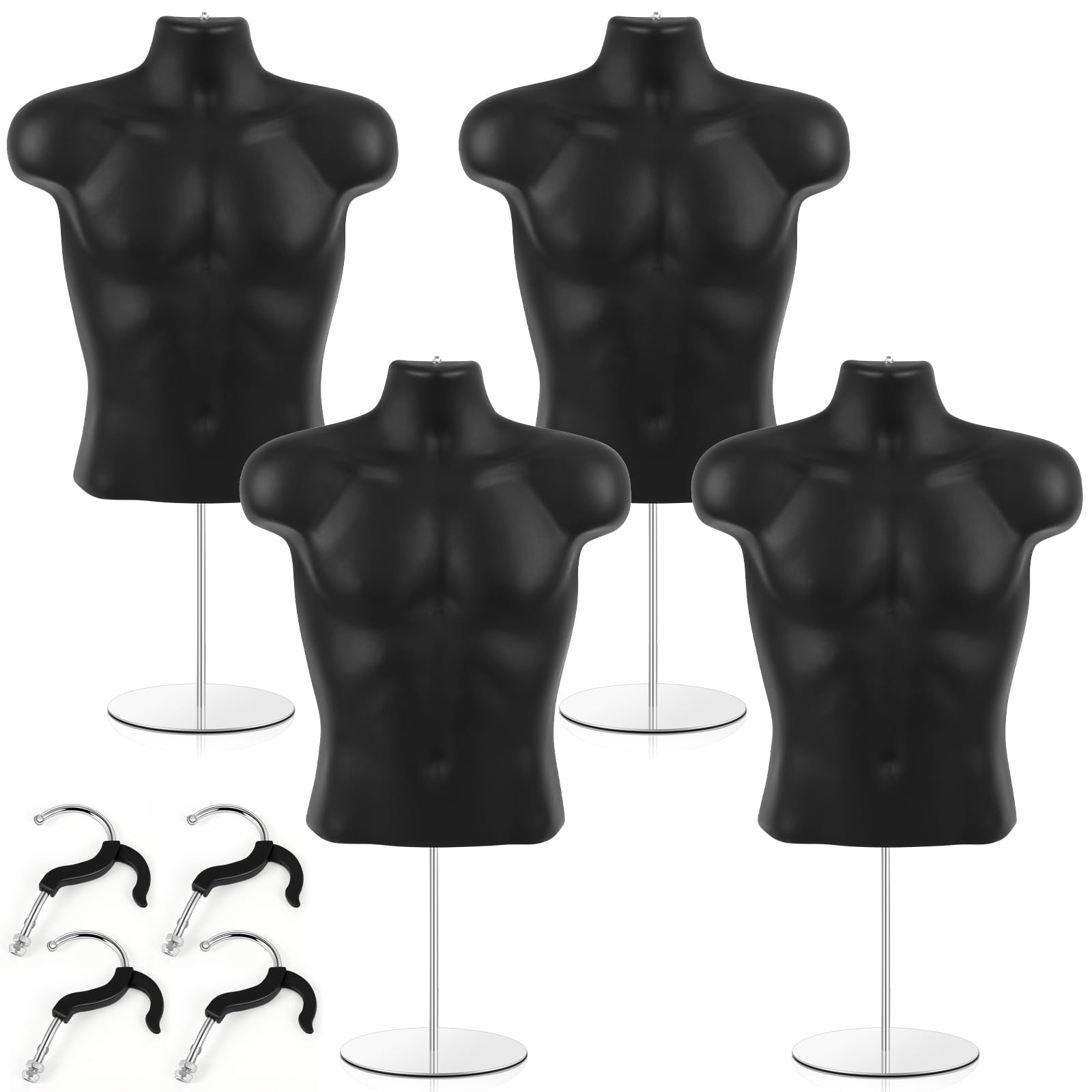 Geetery 4 Pack Male Mannequin Torso Dress Form - Adjustable Display Stand with Hanging Hook - Hollow Back for T-Shirt, Jacket & Clothing Display - Perfect for Retail Stores, Craft Shows, Photography & Fashion Design (S-M Size)