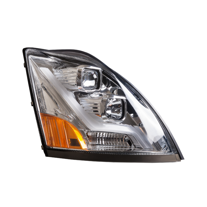 Volvo VN VNL Chrome Housing LED Headlights Set with Light Bar - Left & Right Side Replacement for Improved Night Driving & Truck Styling