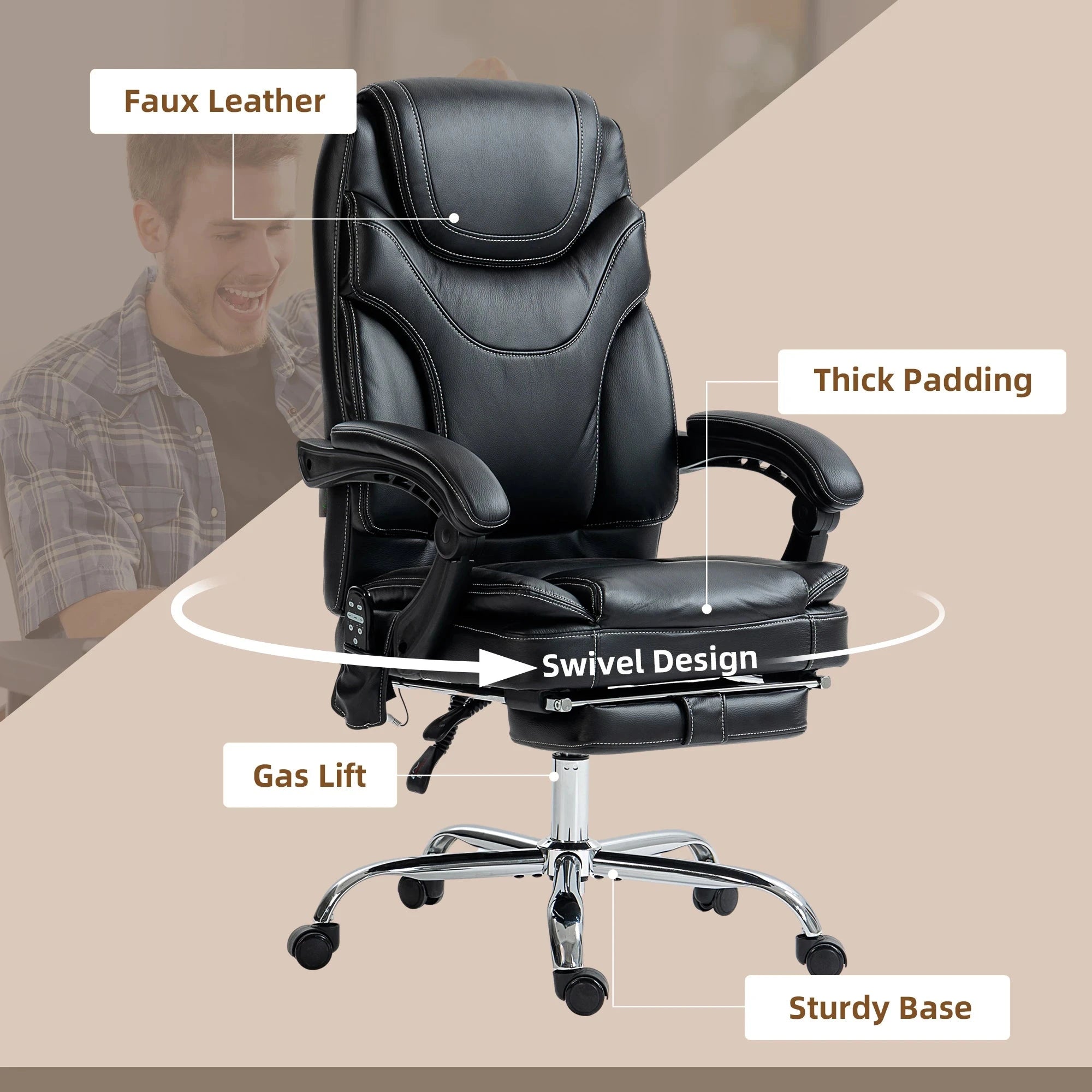 Premium Faux Leather Heated Massage Office Chair with 6-Point Vibration System - Black & Brown Options - Perfect for Home Office, Gaming, and Relaxation