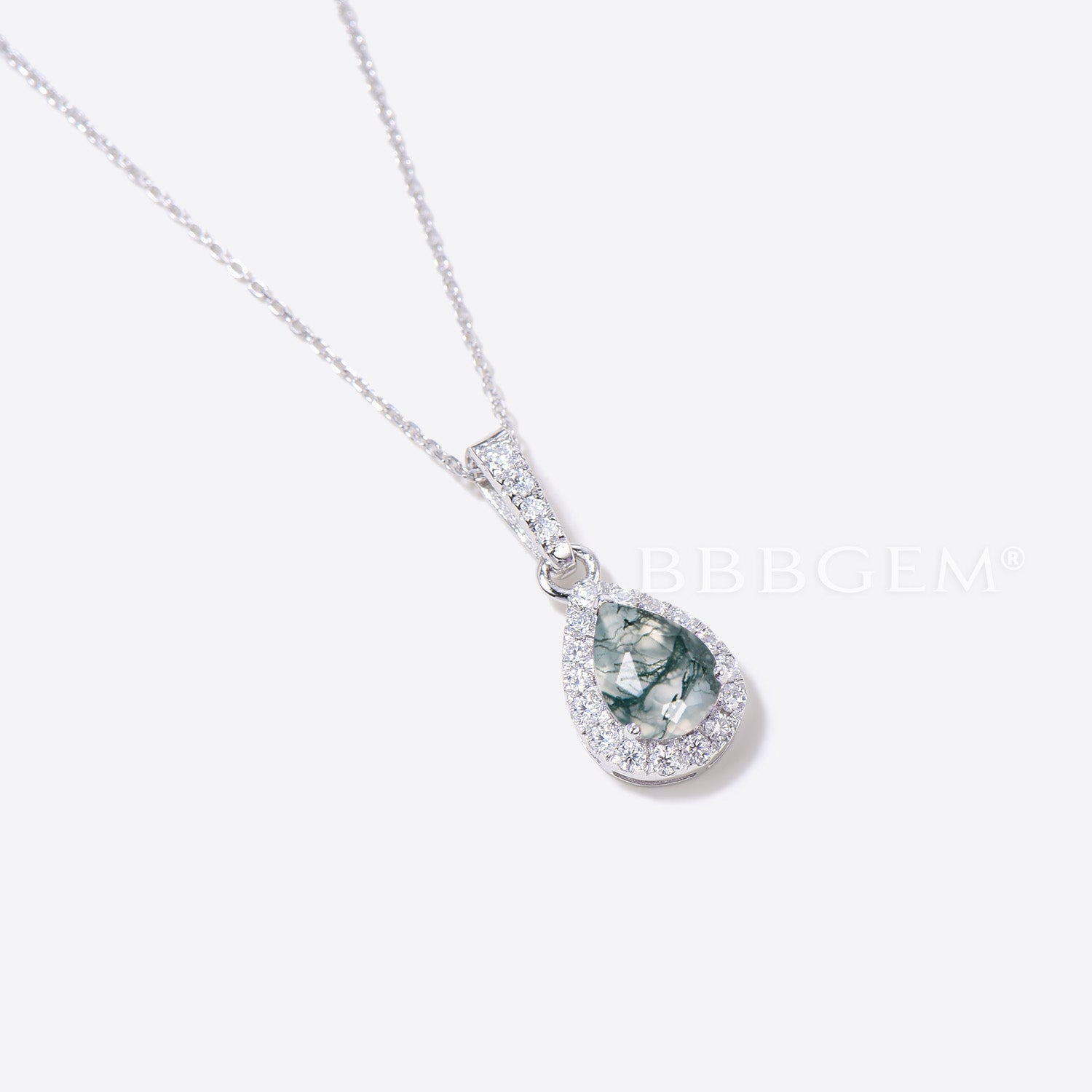 Elegant Teardrop Green Moss Agate Pendant Necklace with Diamond Halo - Perfect for Weddings, Anniversaries & Special Occasions