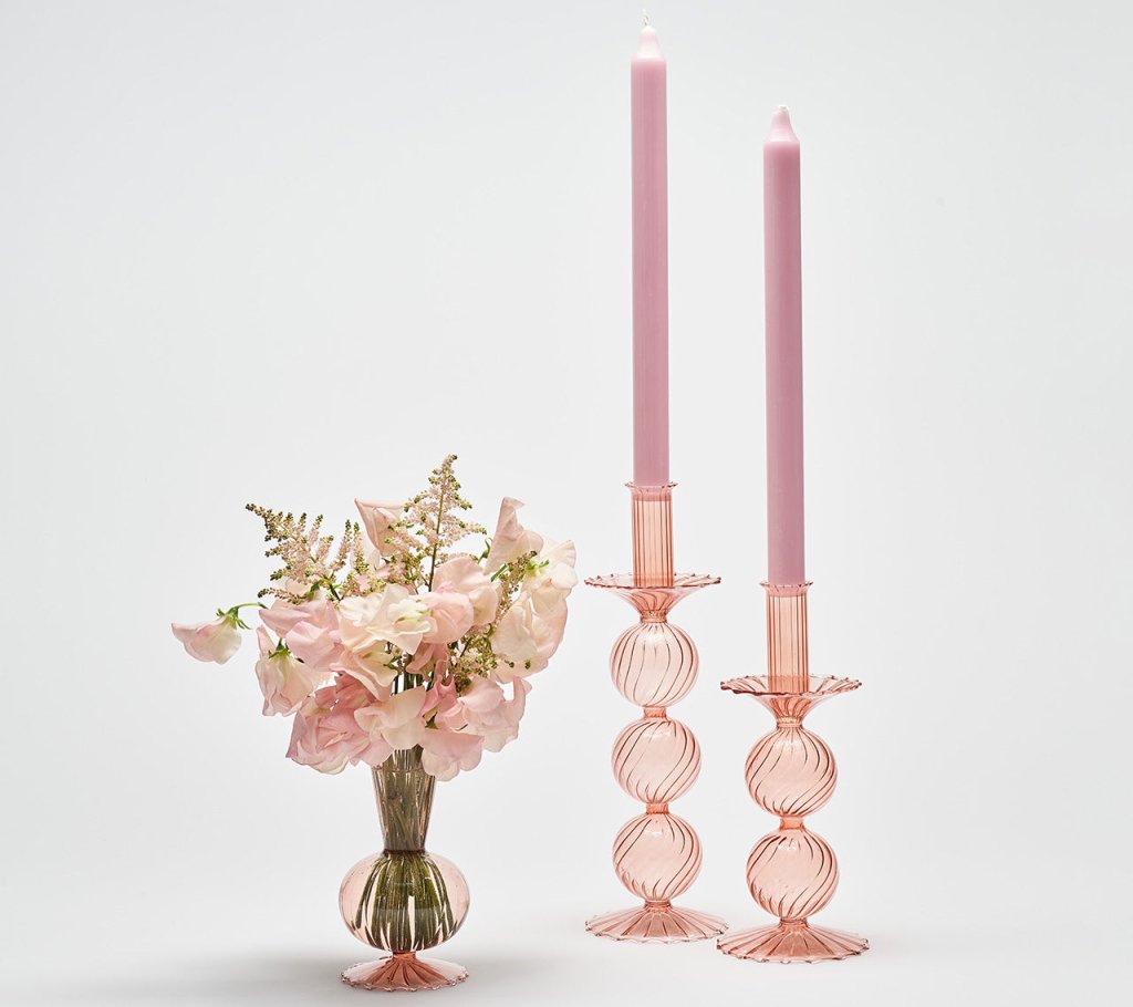 Bella Short Candle Holders in Blush - Set of 2 Elegant Glass Candle Holders with Gift Box - Perfect for Wedding Centerpieces, Table Decor, and Romantic Home Decor