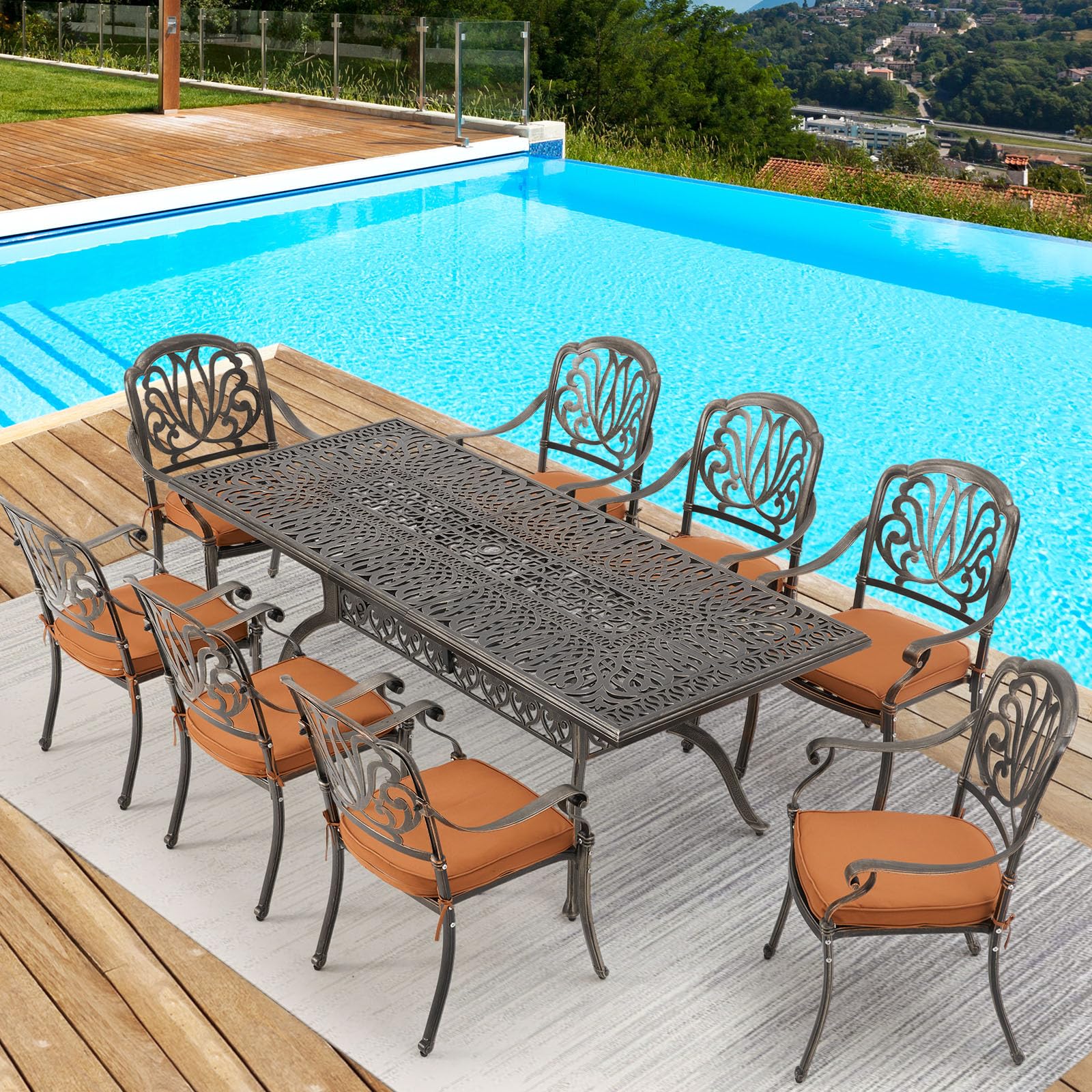 Premium 9-Piece Outdoor Dining Set - All-Weather Aluminum Patio Furniture with 8 Cushioned Chairs & Large Rectangular Table (Umbrella Hole Included) | Rustproof & Wind-Resistant | Perfect for Backyard BBQs, Poolside Dining & Garden Parties
