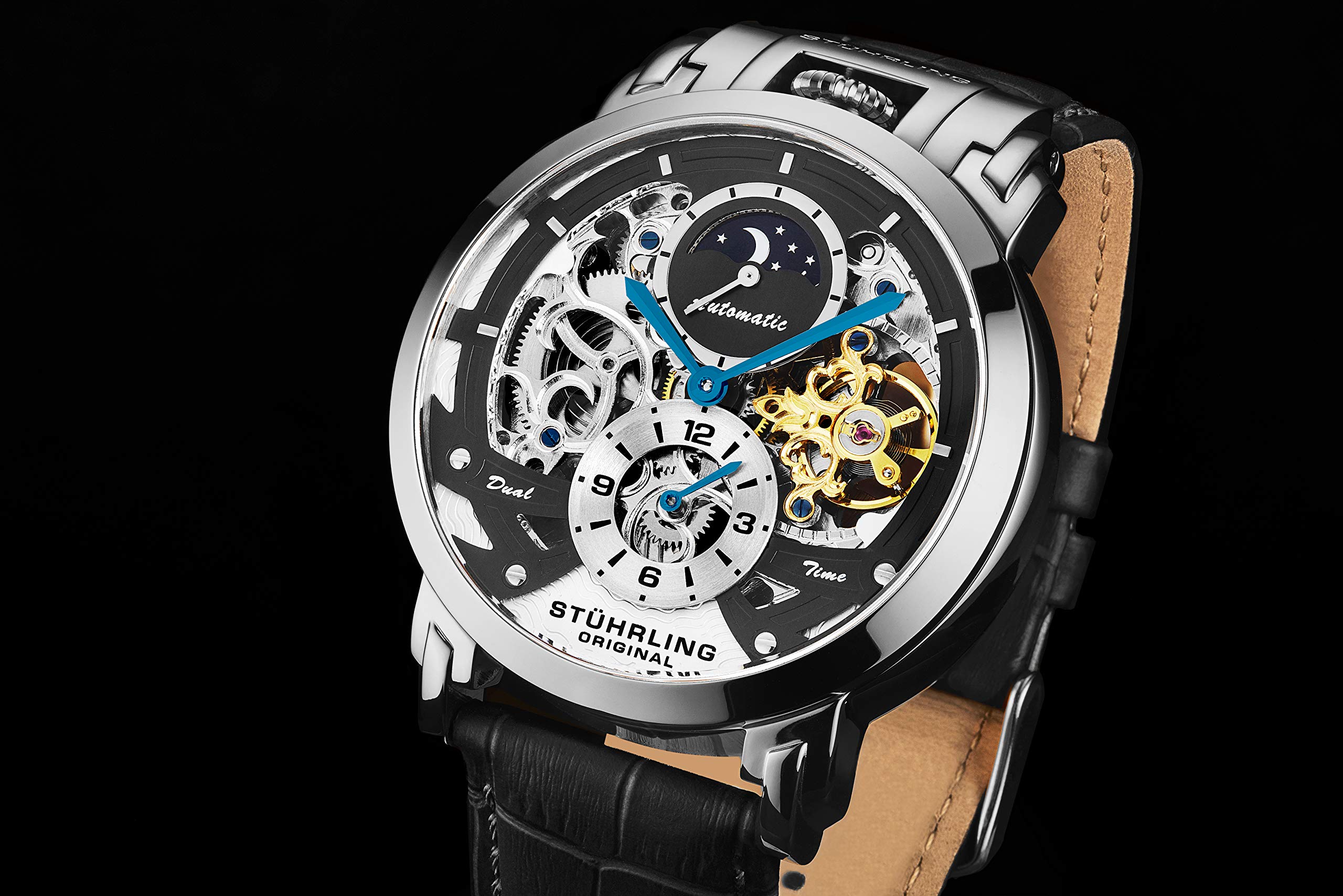 Stuhrling Original Men's Automatic Skeleton Watch - Luxury Leather Dress Watch with Stainless Steel Case - Self-Winding Mechanical Analog Watch for Men - Perfect for Business, Formal Events & Gifts