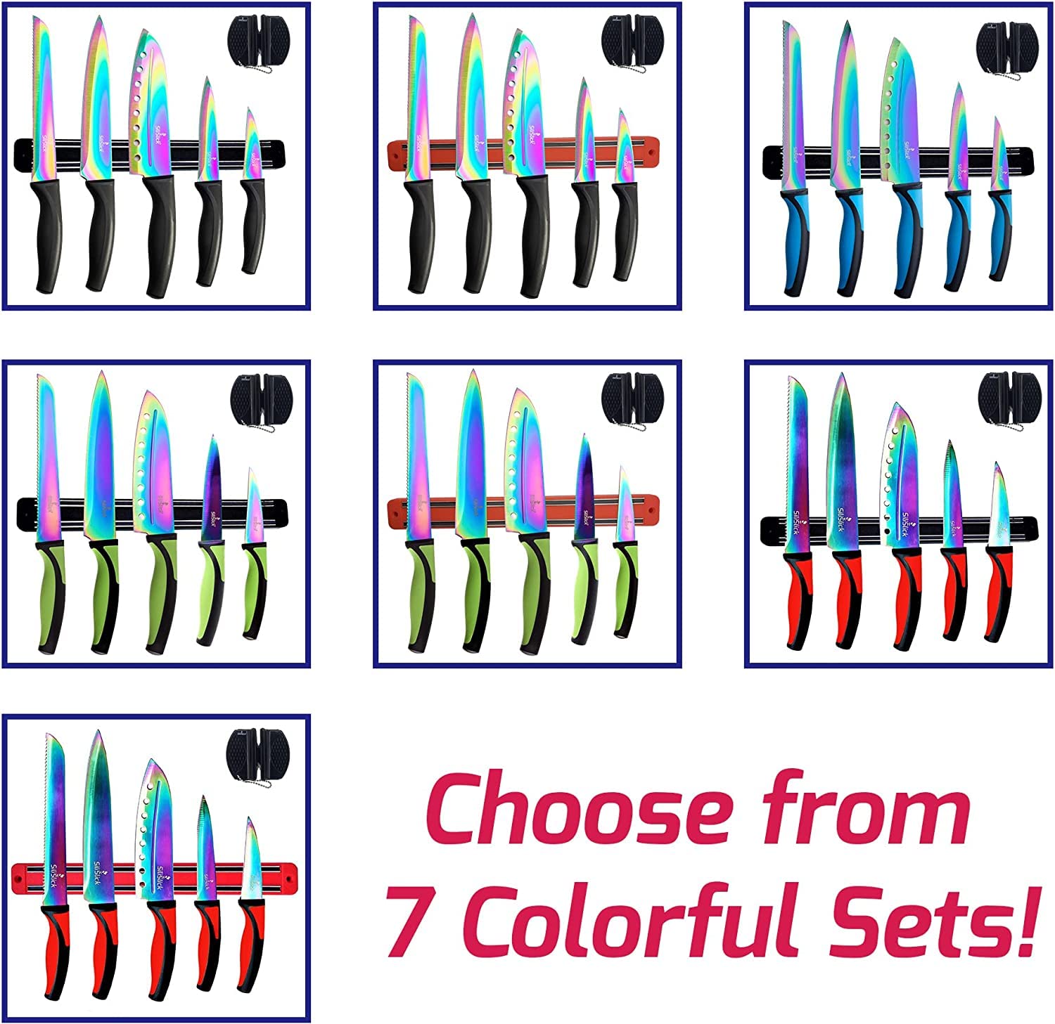 Premium 5-Piece Kitchen Knife Set with Sharpener & Magnetic Holder - Titanium Non-Stick Coated Stainless Steel, Dishwasher Safe - Perfect for Home Chefs, Cooking Enthusiasts & Professional Kitchens