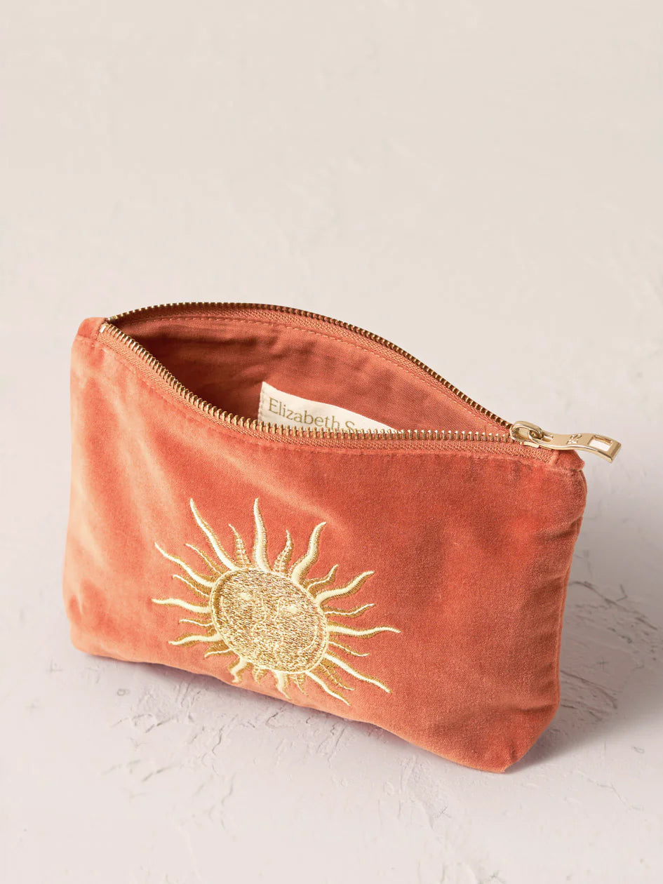 Elizabeth Scarlett Velvet Mini Pouch - Rust Sun Goddess Design | Elegant Small Clutch for Women | Perfect for Parties, Weddings & Evening Events
