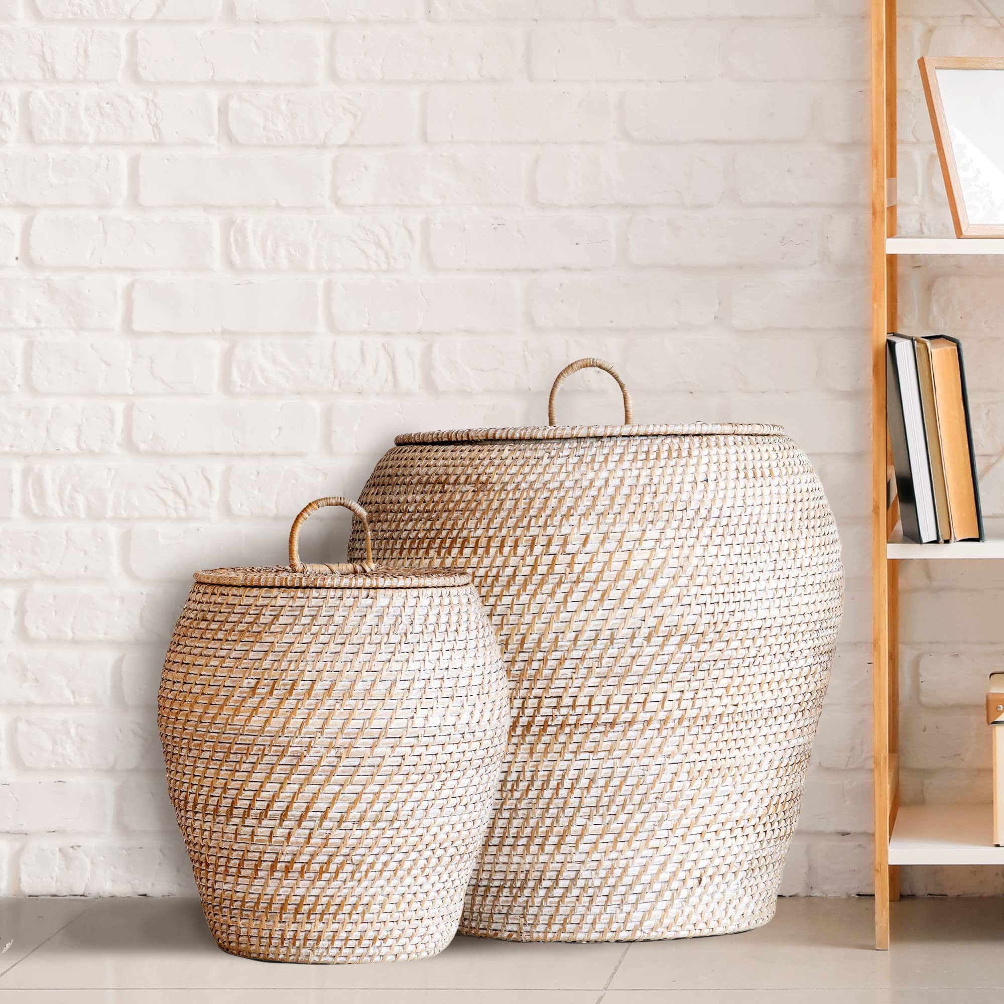 Bloomingville Whitewashed Rattan Storage Baskets with Lids - Set of 2 Sizes (Small & Large) for Home Organization, Bathroom & Nursery Decor