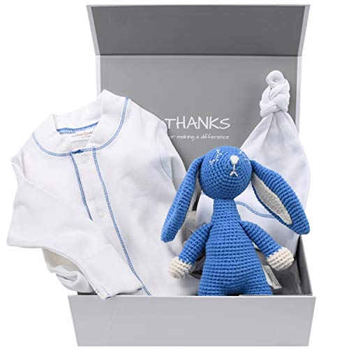 Organic Baby Boy Gift Box Set - Newborn Essentials for 0-6 Months | Soft Cotton Bodysuits, Blanket & Hat | Perfect Baby Shower, Christening & Welcome Home Gift