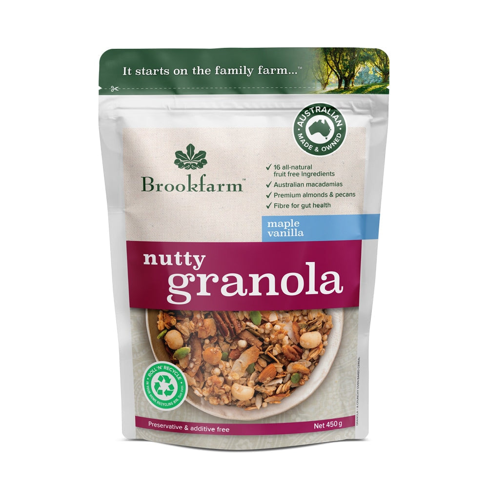 Brookfarm Nutty Maple Vanilla Granola - Crunchy Breakfast Cereal with Nuts & Natural Sweeteners | Perfect for Yogurt Topping, Smoothie Bowls & Healthy Snacking