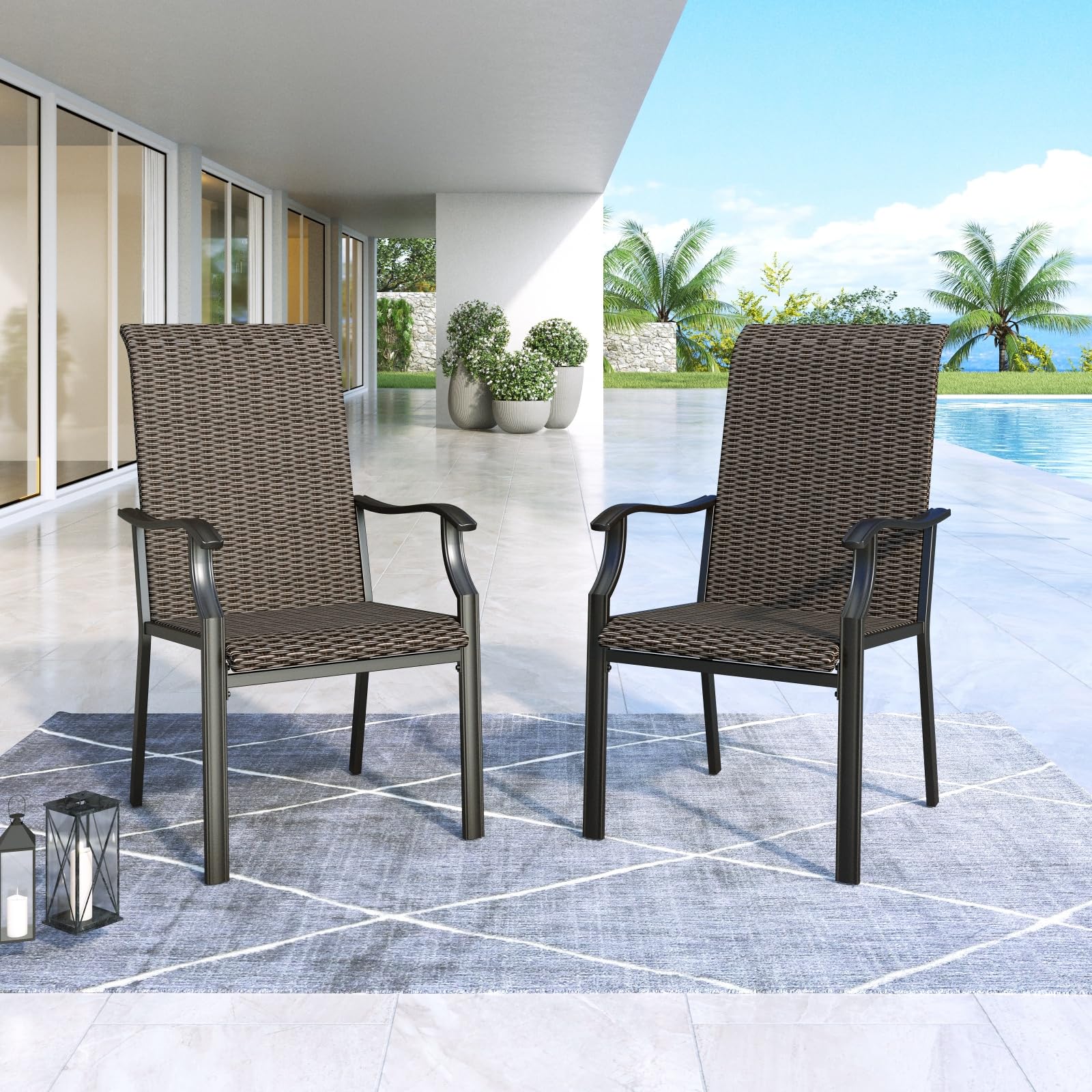 MFSTUDIO 2-Piece Patio Rattan Dining Chairs Set - High Back All-Weather Wicker Chairs with Oversized Seat, Sturdy Metal Frame & Armrests (350lb Capacity, Brown) - Perfect for Outdoor Dining, Backyard, Garden & Poolside Relaxation