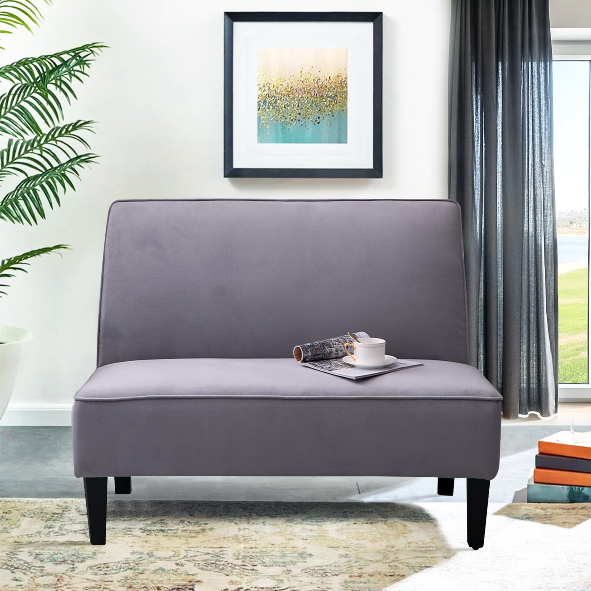 Modern Light Grey Linen Upholstered Loveseat Bench - Armless Small Sofa for Bedroom & Living Room - Comfortable Cushioned Settee for Relaxing, Reading & Small Space Decor