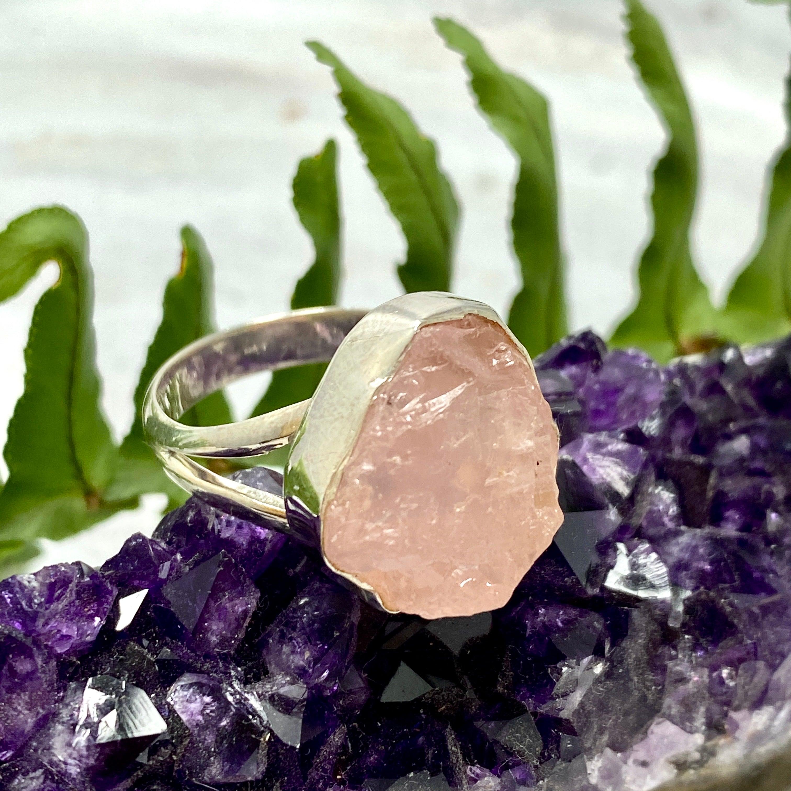 Natural Rose Quartz Raw Stone Ring - Size 9.5 - KRGJ2013 - Healing Crystal Jewelry for Meditation, Energy Balancing & Spiritual Gifts