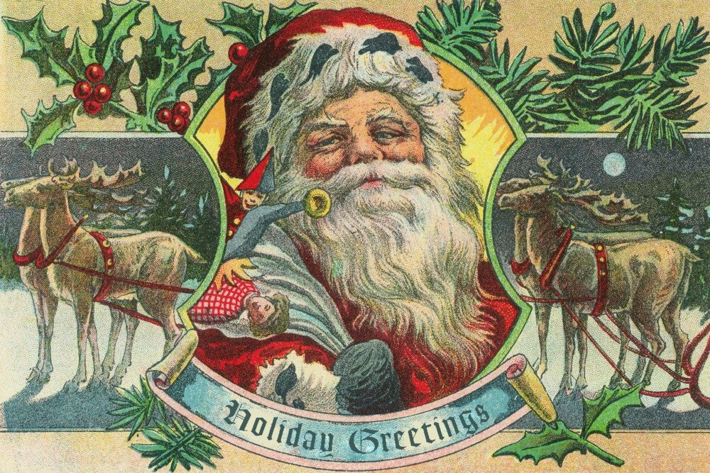 Vintage Santa and Reindeer Holiday Greetings Postcard - 24x36 Signed Art Print, Wall Decor Poster for Christmas Home & Office Decoration