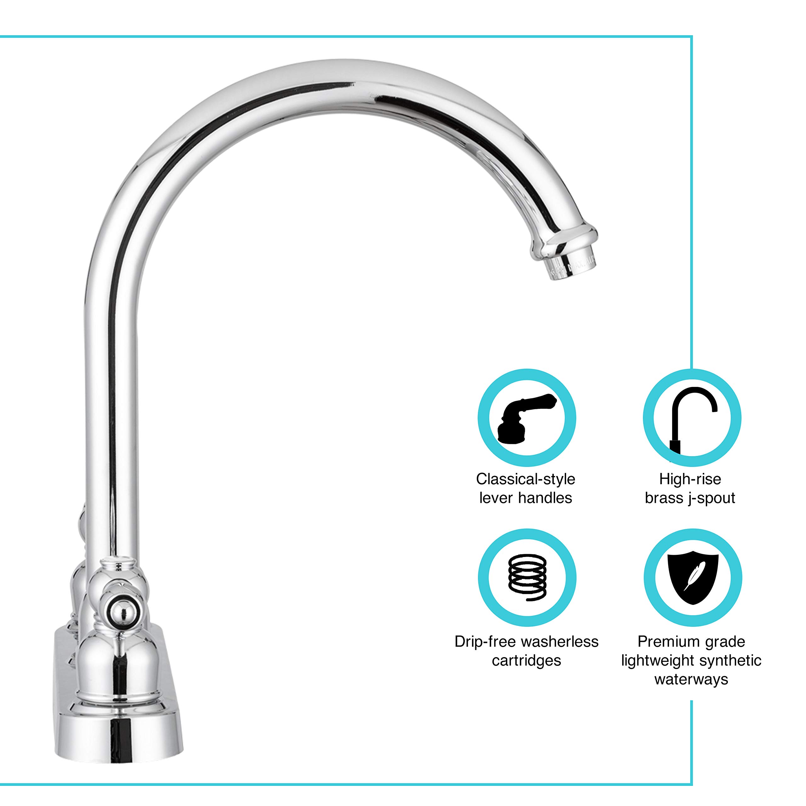 Dura Faucet DF-PK340L-CP RV Non-Metallic J-Spout Kitchen Sink Faucet in Chrome - High Arc Pull-Out Sprayer for RV, Camper, Tiny Home & Residential Use