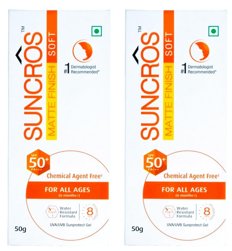 Suncros Matte Finish Soft Gel SPF 50 PA+++ Sunscreen - Oil-Free, Water Resistant, Non-Greasy UV Protection for Face & Body (Pack of 2 x 50g) - Perfect for Outdoor Activities, Swimming & Daily Sun Care