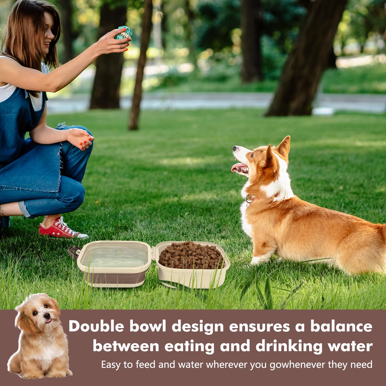 Portable Foldable Dog Bowls 2-in-1 - Travel Food & Water Bowl for Small Medium Dogs Cats - Collapsible Pet Feeding Dish with Storage - Perfect for Camping Hiking Outdoor Adventures (Khaki Small)