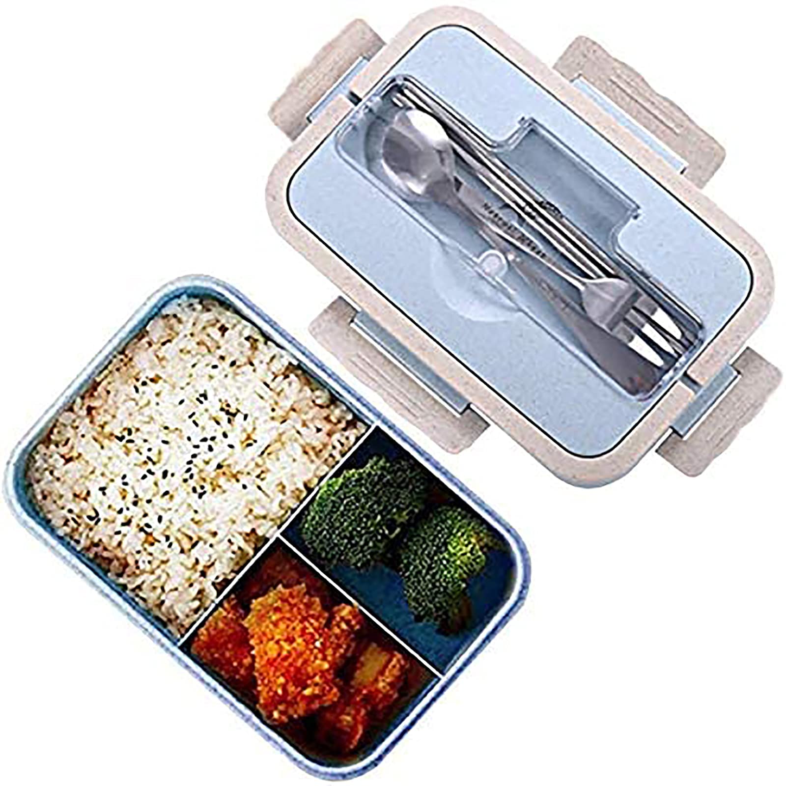 GUISHU 3-Compartment Bento Lunch Box for Kids & Adults - Reusable Microwave & Dishwasher Safe Food Container with Spoon & Chopsticks - Ideal for School, Office, Picnics & Meal Prep (Blue)