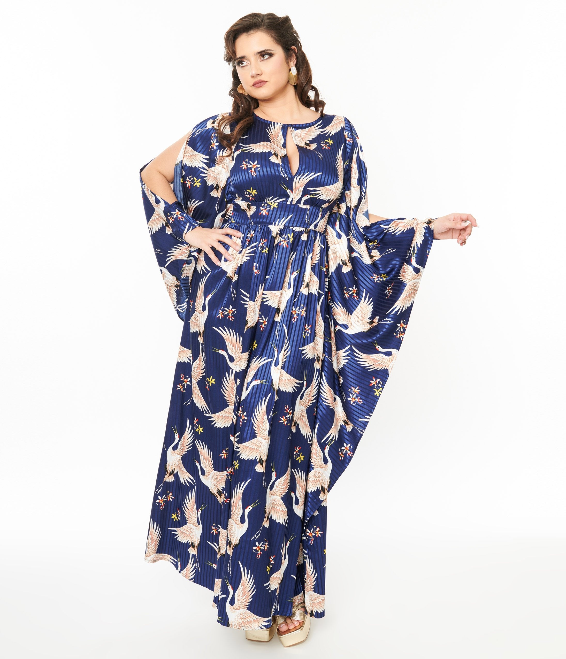 Vintage 1960s Navy Blue Floral Crane Print Flutter Sleeve Caftan Dress - Retro Boho Beach Cover Up & Summer Party Maxi Dress