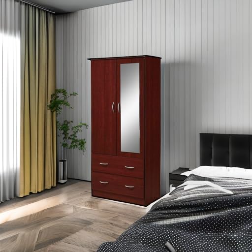 HODEDAH 2-Door Wood Wardrobe Closet with Mirror, Clothing Rod & 2 Storage Drawers - Mahogany Finish Bedroom Furniture for Organizing Clothes, Shoes & Accessories | Perfect for Master Bedroom, Guest Room & Dorm Organization