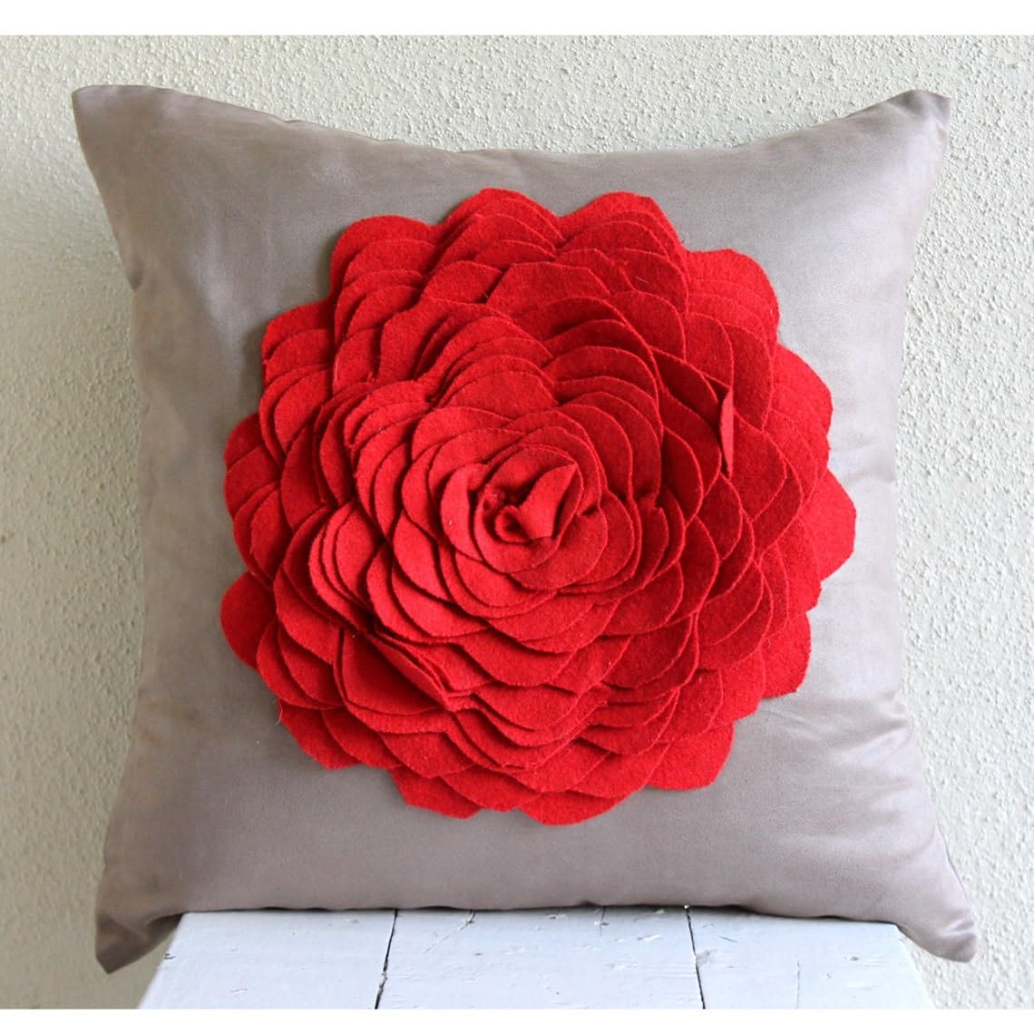3D Red Felt Rose Pillow Cover 20x20