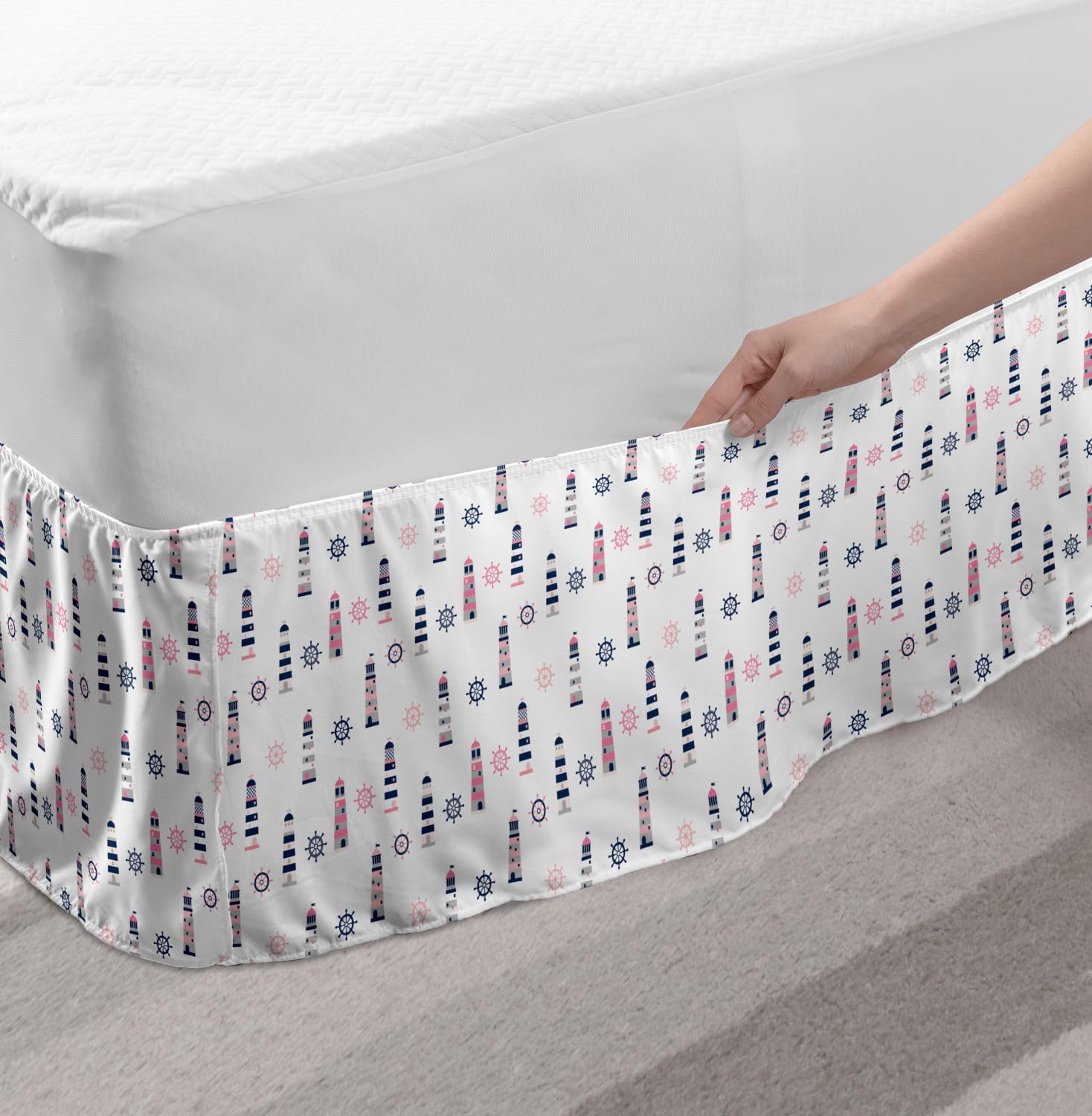 Ambesonne Nautical Bed Skirt - Sea Coast Theme with Steering Wheel & Lighthouse Design, Elastic Wrap Around Dust Ruffle for Full Size Beds, Pastel Pink Pearl Indigo | Perfect for Beach House Decor & Coastal Bedroom Styling