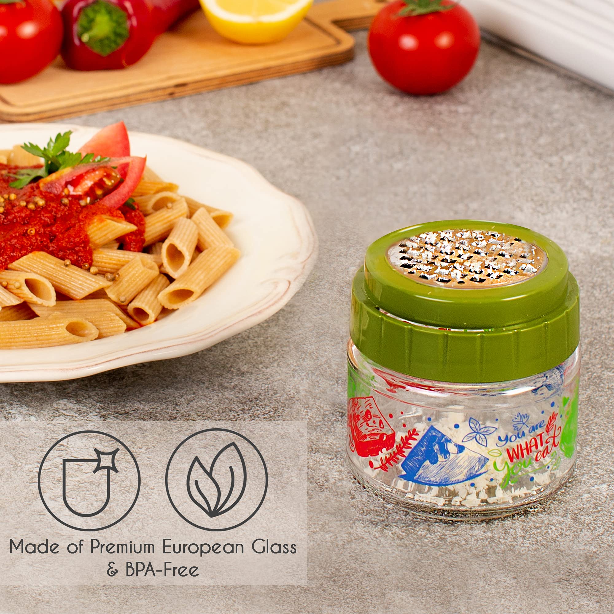 Premium Stainless Steel Cheese Grater with Glass Storage Container - Fine Shredder for Parmesan, Ginger, Garlic, Vegetables & Nutmeg - Lead-Free Glass Jar for Kitchen - Ideal for Cooking, Baking & Meal Prep (Green)