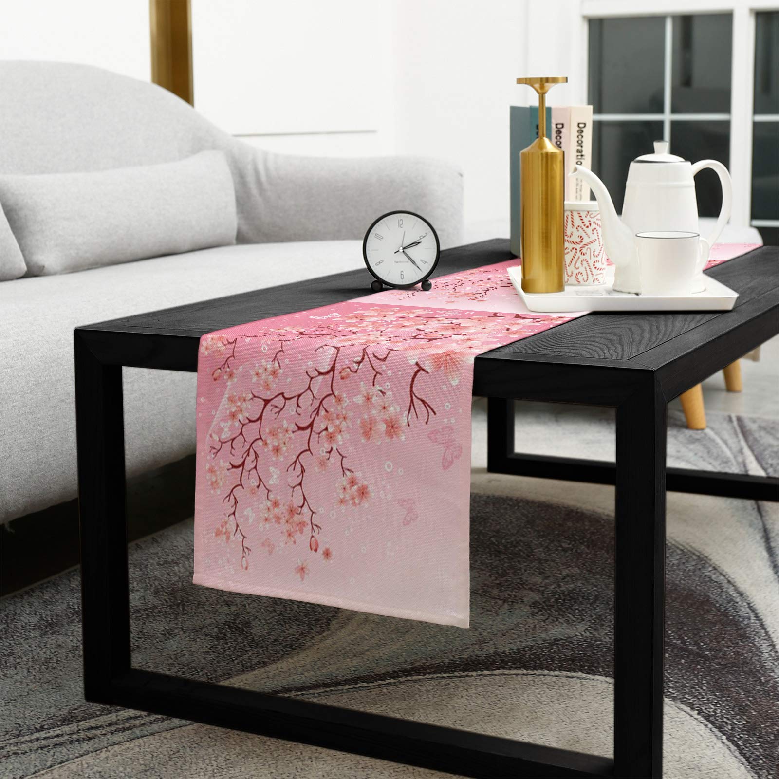 90 Inch Pink Cherry Blossom Burlap Table Runner with Floral Butterfly Design - Elegant Bed Runner, Dresser Scarf for Indoor/Outdoor Weddings, Parties & Home Decor (13