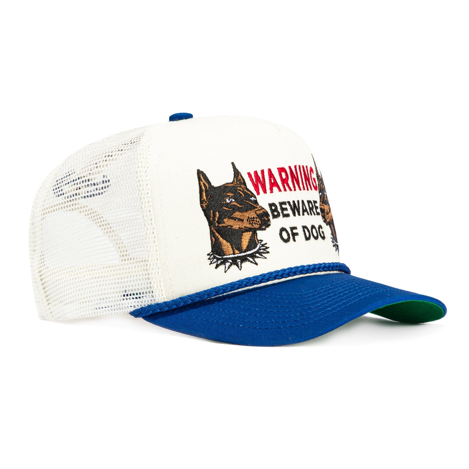 Field Grade Beware of Dog Snapback Trucker Hat - White & Royal Blue - Perfect for Dog Owners, Security Guards & Outdoor Enthusiasts