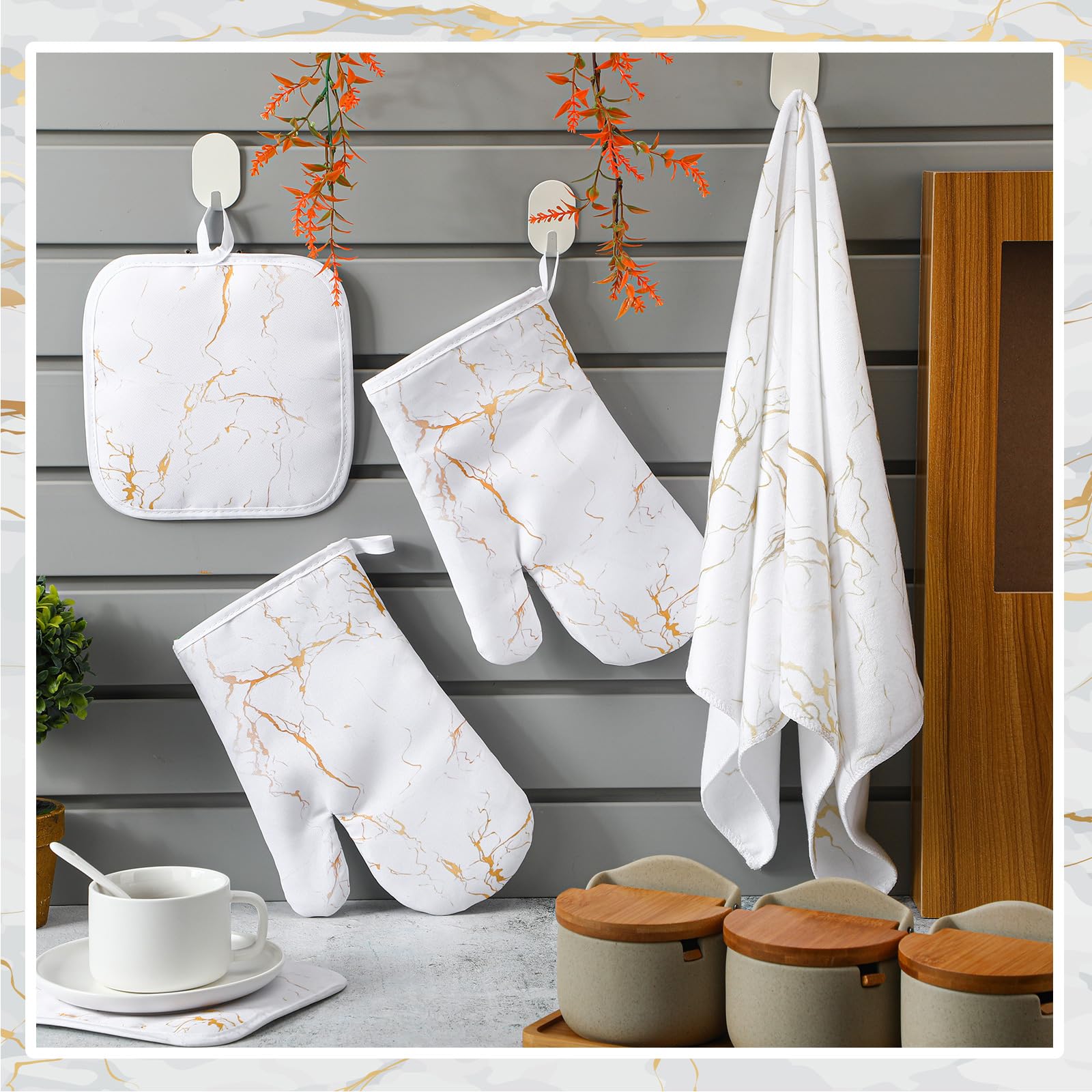 Newwiee 10-Piece Farmhouse Kitchen Decor Set - Dish Towels, Pot Holder, Oven Mitts, Non-Slip Kitchen Rugs & Window Valances - White Gold Marble Style for Holiday Cooking, Baking & Home Decor