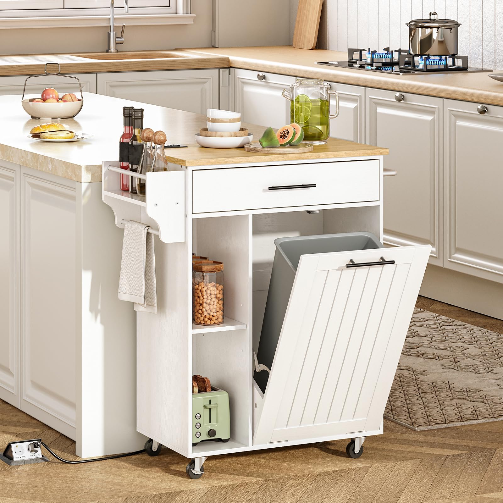 HOOBRO White and Natural Kitchen Island with Trash Can Storage, Rolling Mobile Kitchen Cart on Wheels with Power Outlet - Fits 10 Gallon Garbage Bin | Perfect for Small Kitchens, Apartments & Home Organization
