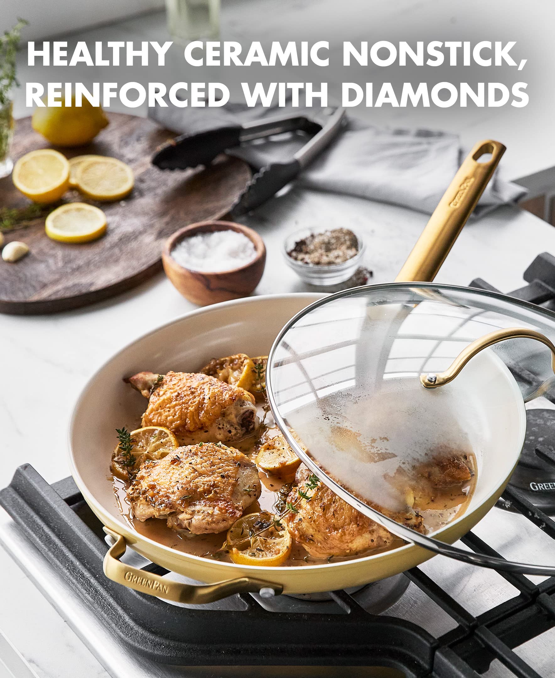 GreenPan Reserve Hard Anodized Healthy Ceramic Nonstick 12-Inch Frying Pan Skillet - PFAS-Free, Dishwasher & Oven Safe (450°F) with Helper Handle & Glass Lid - Gold Handle, Sunrise Yellow - Perfect for Sautéing, Frying & Everyday Cooking