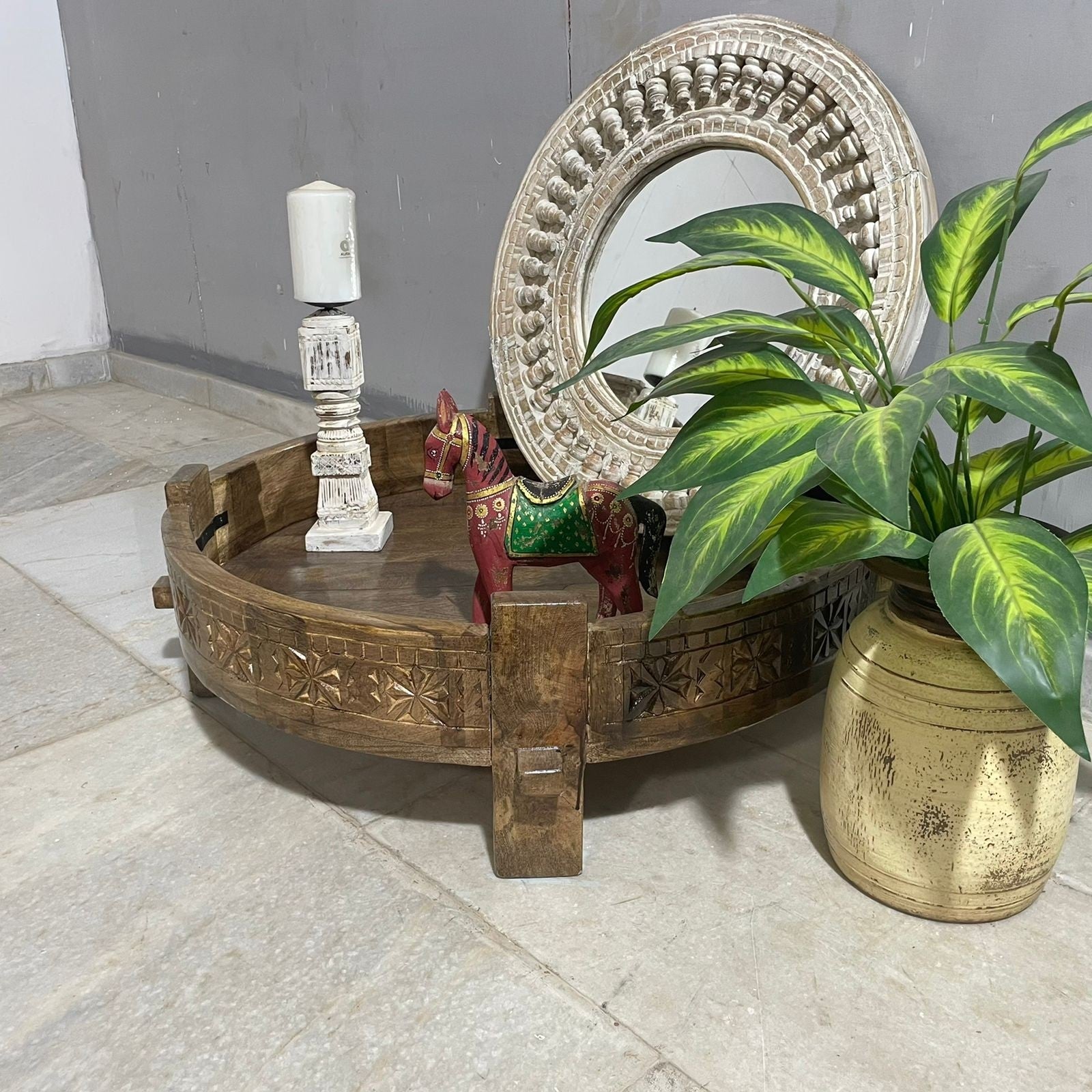 Handmade Solid Wood Indian Chakki Coffee Table - 30x30x10 Inches, Handcrafted Carved Traditional Design for Living Room, Lounge & Home Decor
