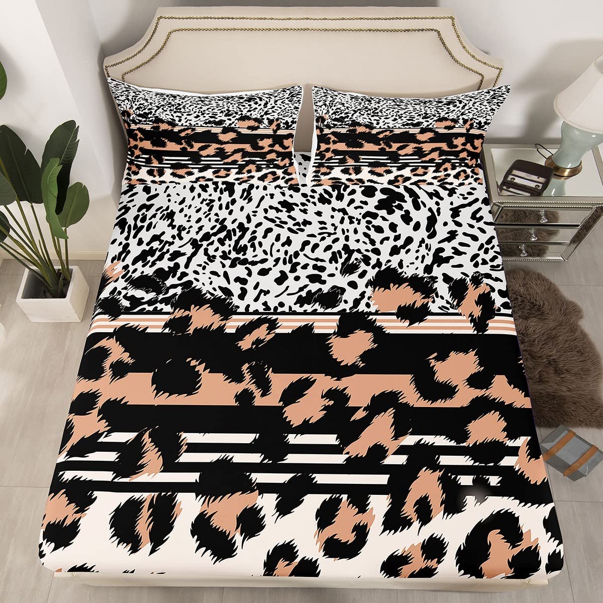 Manfei Leopard Print Twin Sheet Set - 3 Piece Cowhide Fur Bedding with Deep Pocket Fitted Sheet, Flat Sheet & Pillowcase - Soft Brown Animal Print Stripe Design for Kids, Teens & Adults - Perfect for Cozy Bedrooms, Dorm Rooms & Themed Decor