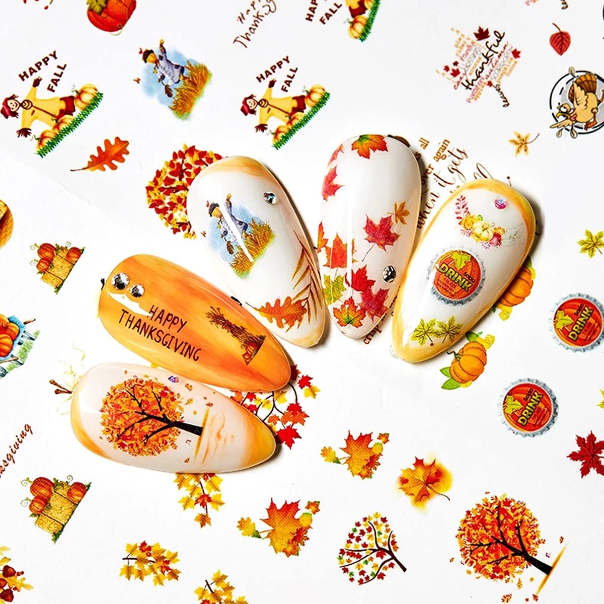12 Sheets Fall Nail Art Stickers - Thanksgiving Nail Decals with Maple Leaf, Pumpkin & Turkey Designs | Water Transfer Foils for Women, Girls & Kids | DIY Fingernail & Toenail Decoration | Perfect for Autumn Manicures, Halloween Parties & Holiday Nail Art