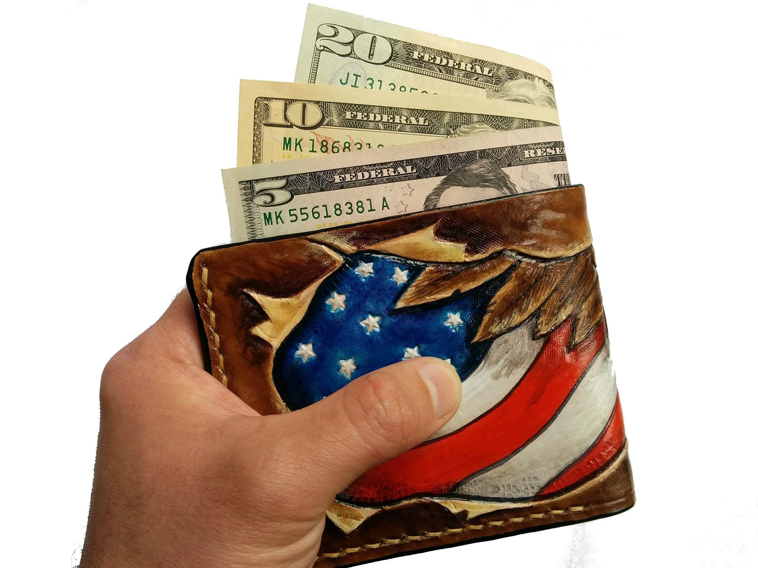 USA Flag Patriotic Military RFID Bifold Wallet for Men - Genuine Leather Handmade Biker Wallet with Bald Eagle & American Flag Embossed Design - Perfect for Veterans, Independence Day & Everyday Carry