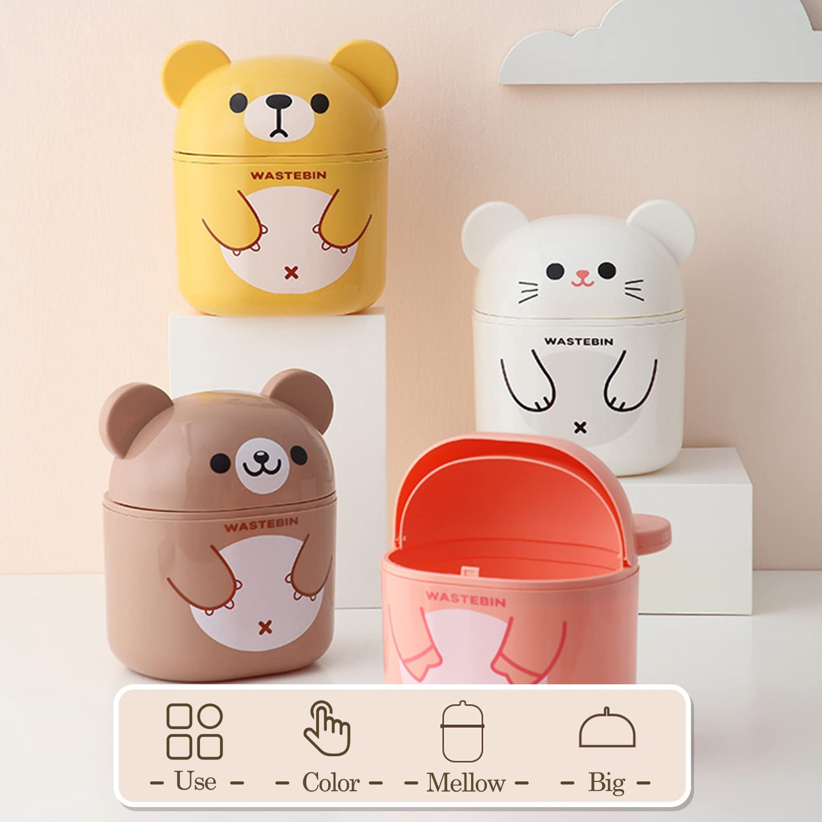 Mini Countertop Trash Can with Lid - Small Desk Waste Bin for Office, Vanity & Coffee Table - Cute Bear-White Garbage Can for Home Decor & Organization - Perfect for Bedroom, Bathroom & Workspace